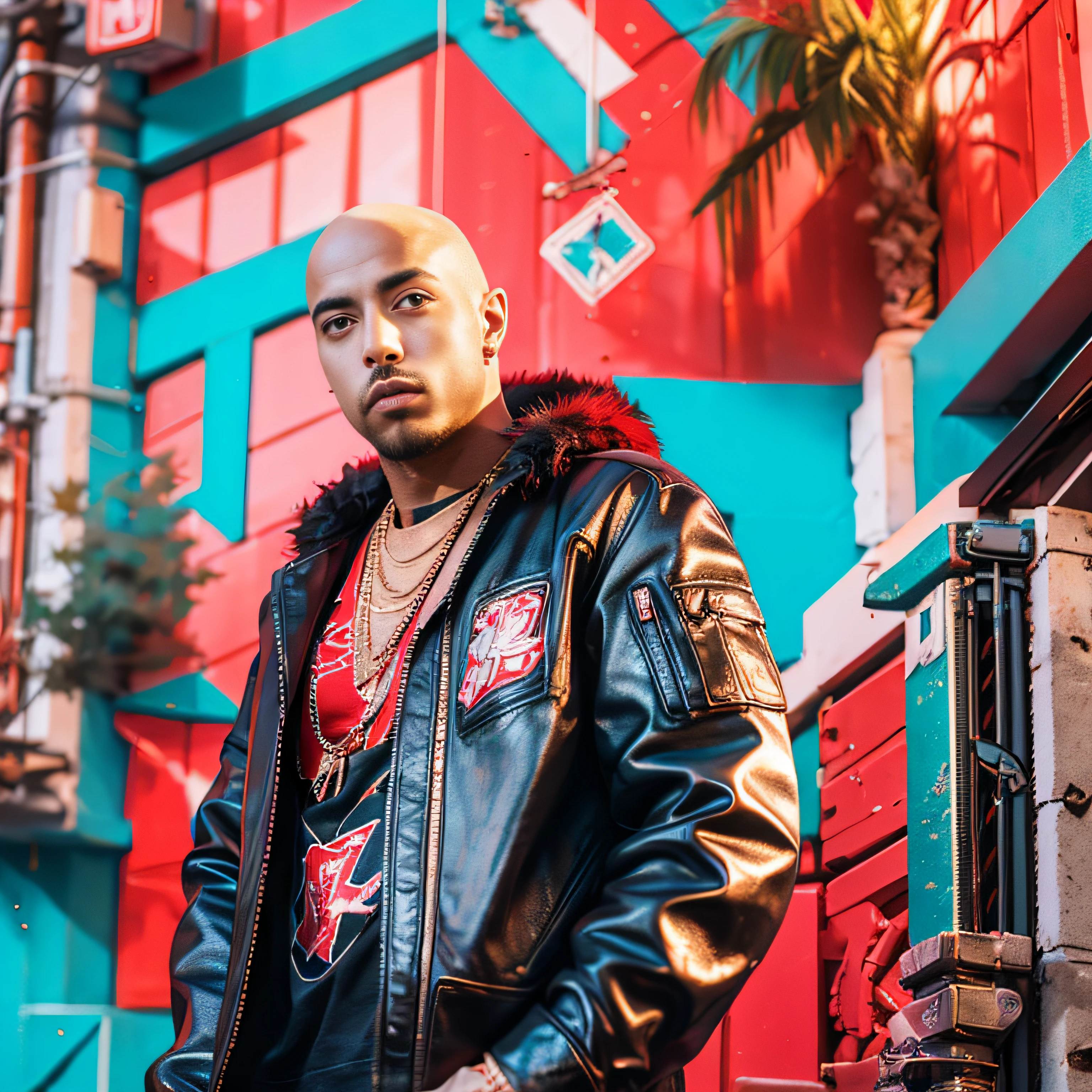This is a CG Unity 8k wallpaper with ultra-detailed, high-resolution and top quality in cyberpunk style, dominated by black and red. In the picture,1rapper with Bald hair, Unique mink Fur Jacket (Virgal Abloh) (H R Gigger), fog, Voltron, detailed and realistic image, amazing composition with vintage scenery with abstract shapes, abstract minimalist background with tentacles, melt, drip, yoshitomo nara:1.5, wes anderson:1.3, new casualism, retro, minimalism,BiopunkAI holding a heavy sniper rifle in his han