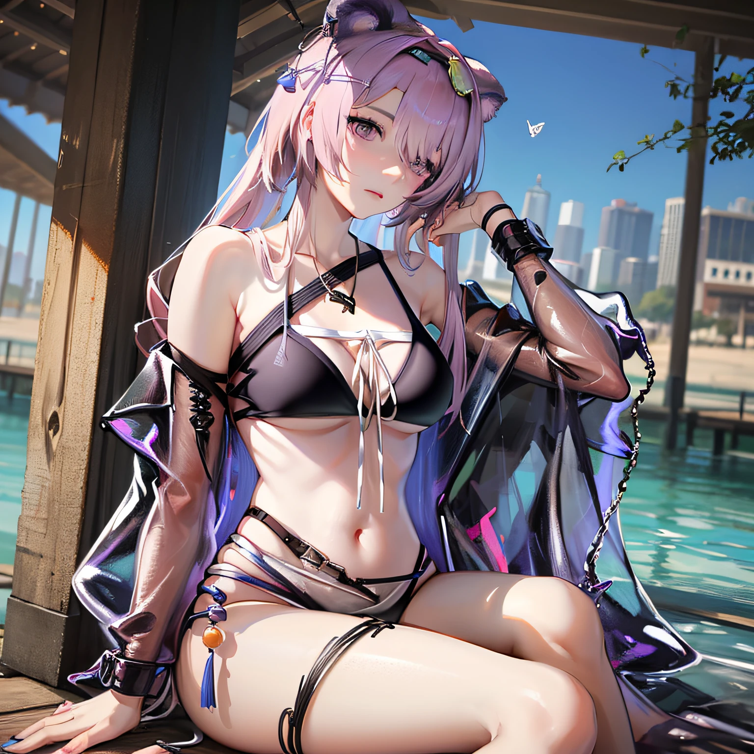 (NSTDA.:1.2), (10, beste-Qualit, master-piece: 1.4), ultra-high resolution, (lifelike, photorealistic portrait: 1.48), 20 age, Cute Girl, (See through the microcolor bikini beetle:1.48), Famous Japanese actors, (hair over one eye:1.3), Blue Eyes, Head tilt, cowboy shot, from the side, looking at the audience, expressionless, Beautiful lake, Zeiss 150mm F/ 2.8 Hasselblad, Whole body, foot, Ultra-Wide Angle