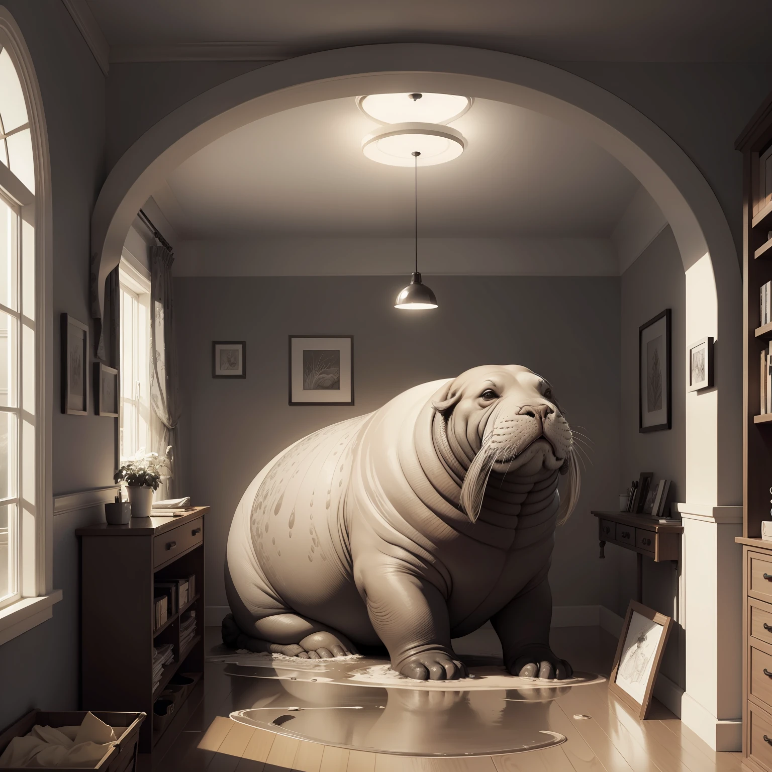 a walrus, in the mud, room, high resolution, fantasy drawing, pencil strokes, black and white