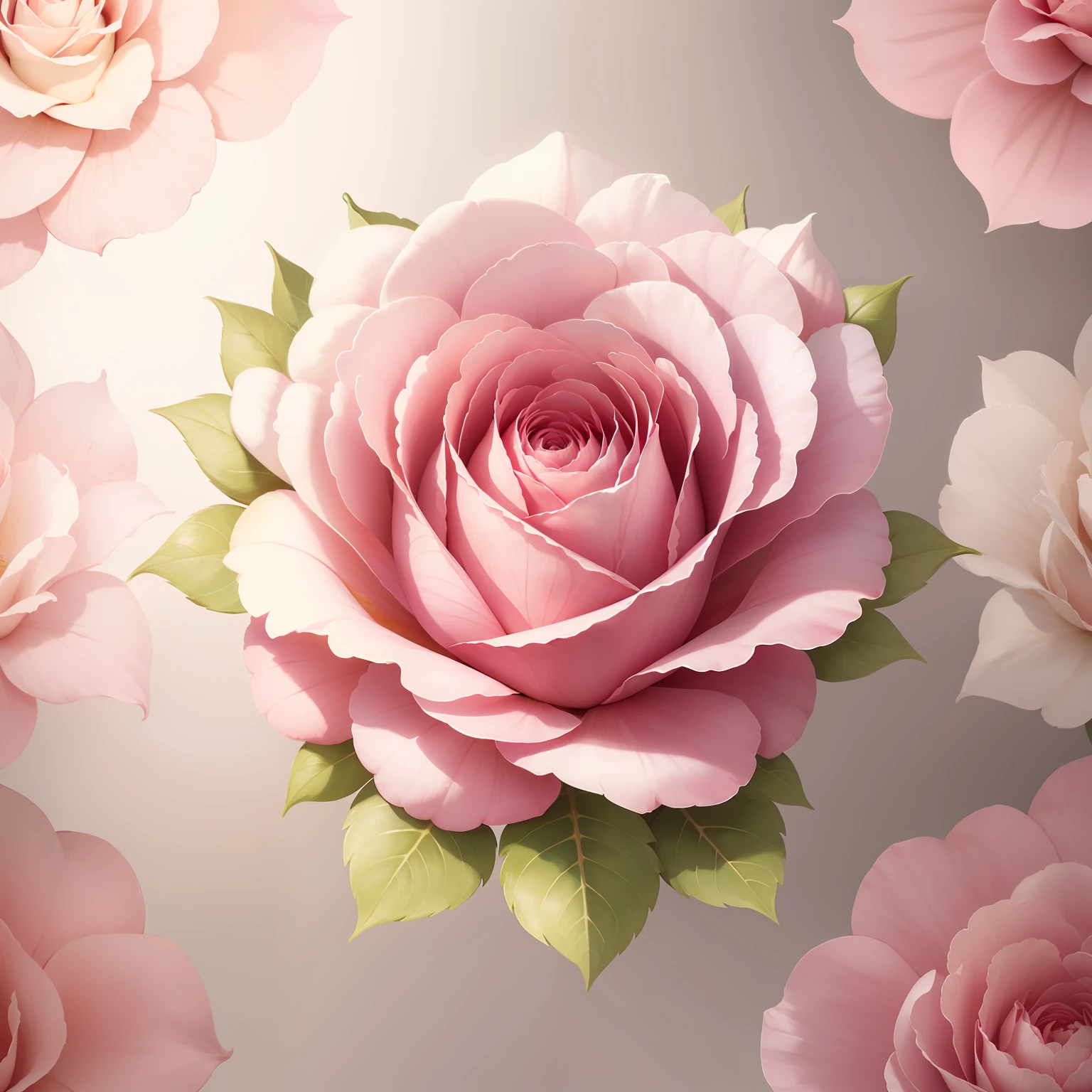 Abstract pink rose，the wallpaper，gouache painting，Bright colors，There are water droplets on the petals，The flowers and leaves are intact，Graphic design style，iintricate，Clear details，Has a small amount of metallic linear color，White clean undertone，4k，