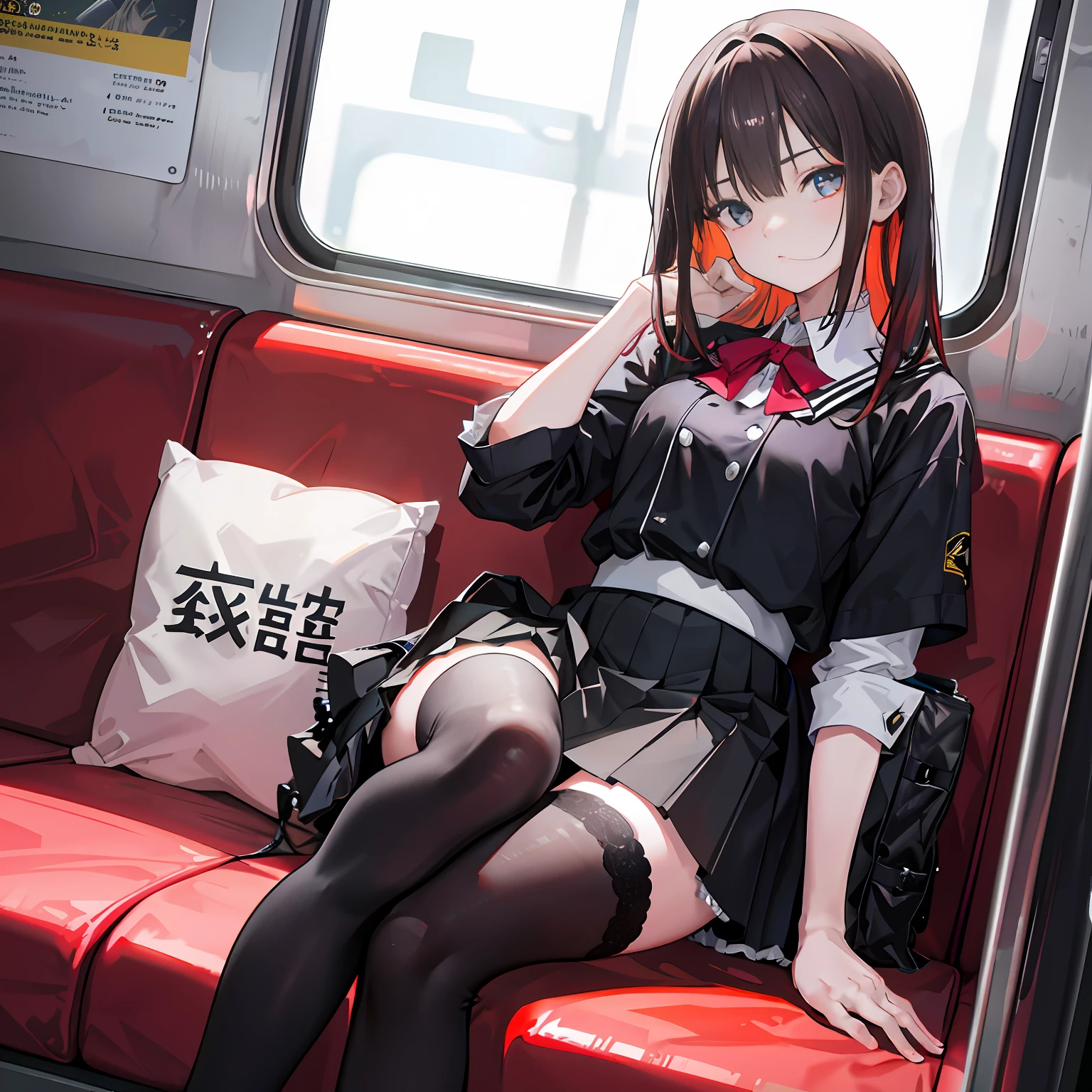 （tmasterpiece，k hd，hyper HD，4K）brunette color hair，14 years old Japanese girl，Uniform skirts，emphasizing thighs，whitethighhighs，soft thighs，Glossy thighs，Sitting on the train，Face-to-face perspective，（From the angle below），sitting in the train seat，sitting in front，Crotch zoom camera，Feet on the train floor，full bodyesbian，Head down and sleepy-eyed，Just look at the audience"， best qualtiy， hyper HD， （realisticlying：1.4），， A high resolution， the detail， RAW photogr， Sharp re， Nikon D850 Film Stock Photo by Jefferies Lee 4 Kodak Portra 400 Camera F1.6 shots, rich colors, ultra-realistic vivid textures, dramatic lighting, Unreal Engine Art Station Trend, Cinestir 800，