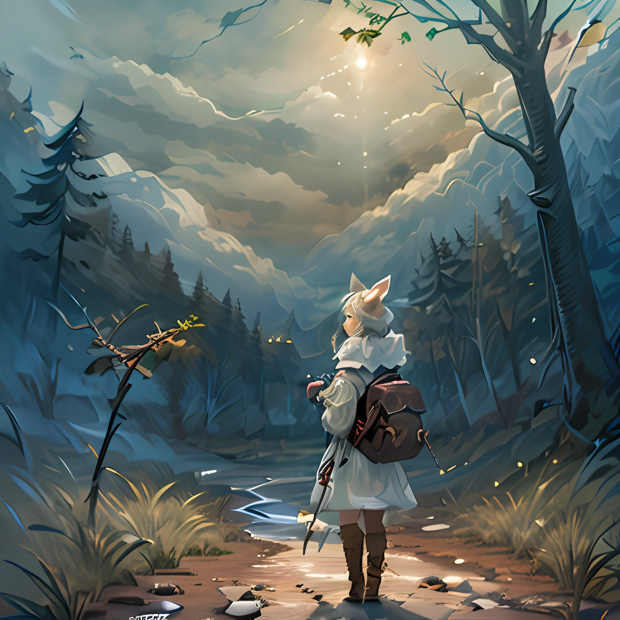 Classic negative portrait photo, fantasy video game character concept art, a cute white fluffy rabbit with a small brown leather backpack looking at a map hiking through the forest, dungeons and dragons, fantasy, river, haze, halo, Bloom, dramatic atmosphere, dark fantasy film of the 1970s, centered, rule of thirds