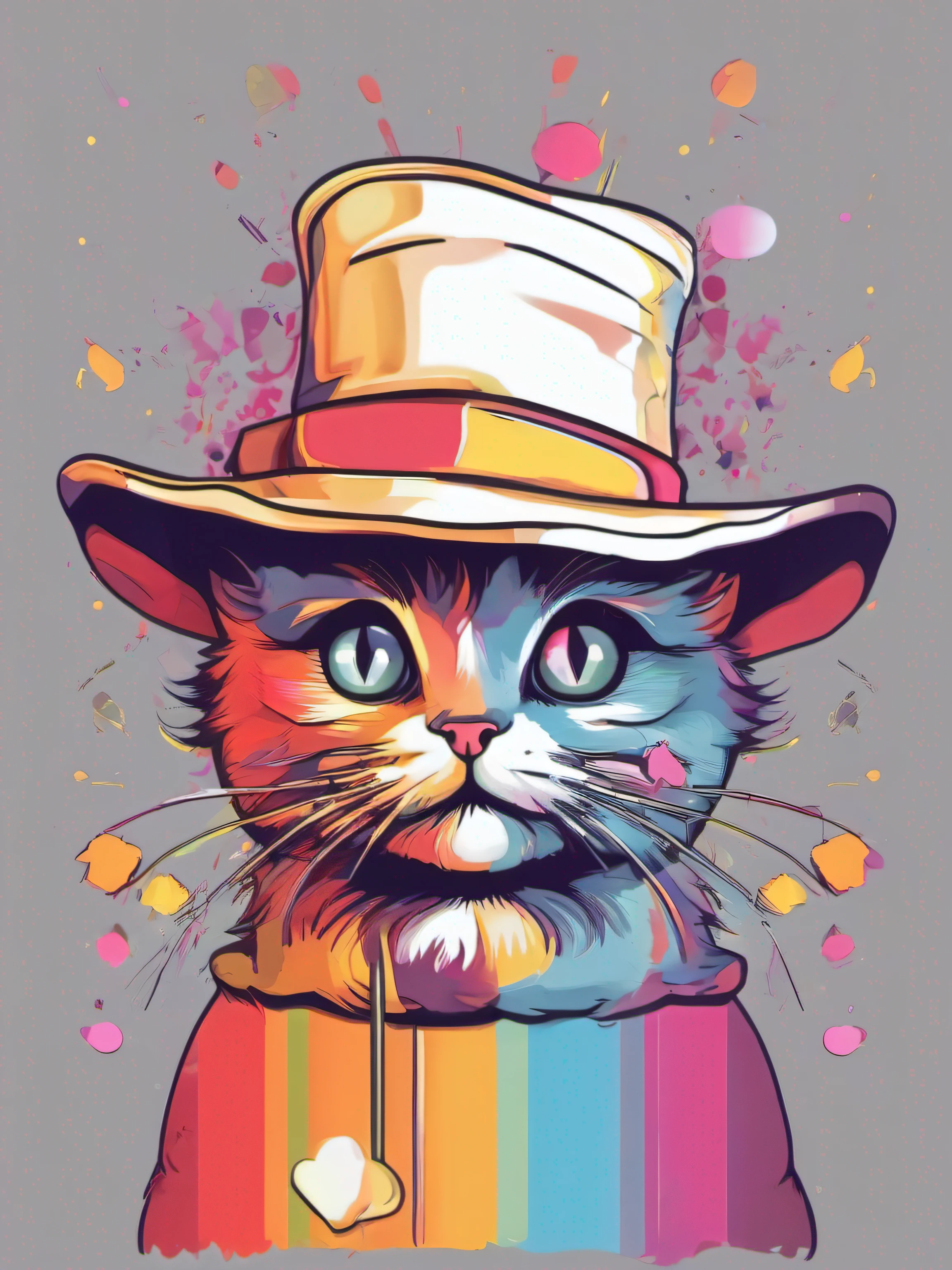 Illustration of cat, wich hat, fantasy, cute character, clear background, abstract splash background, t-shirt design, vector art