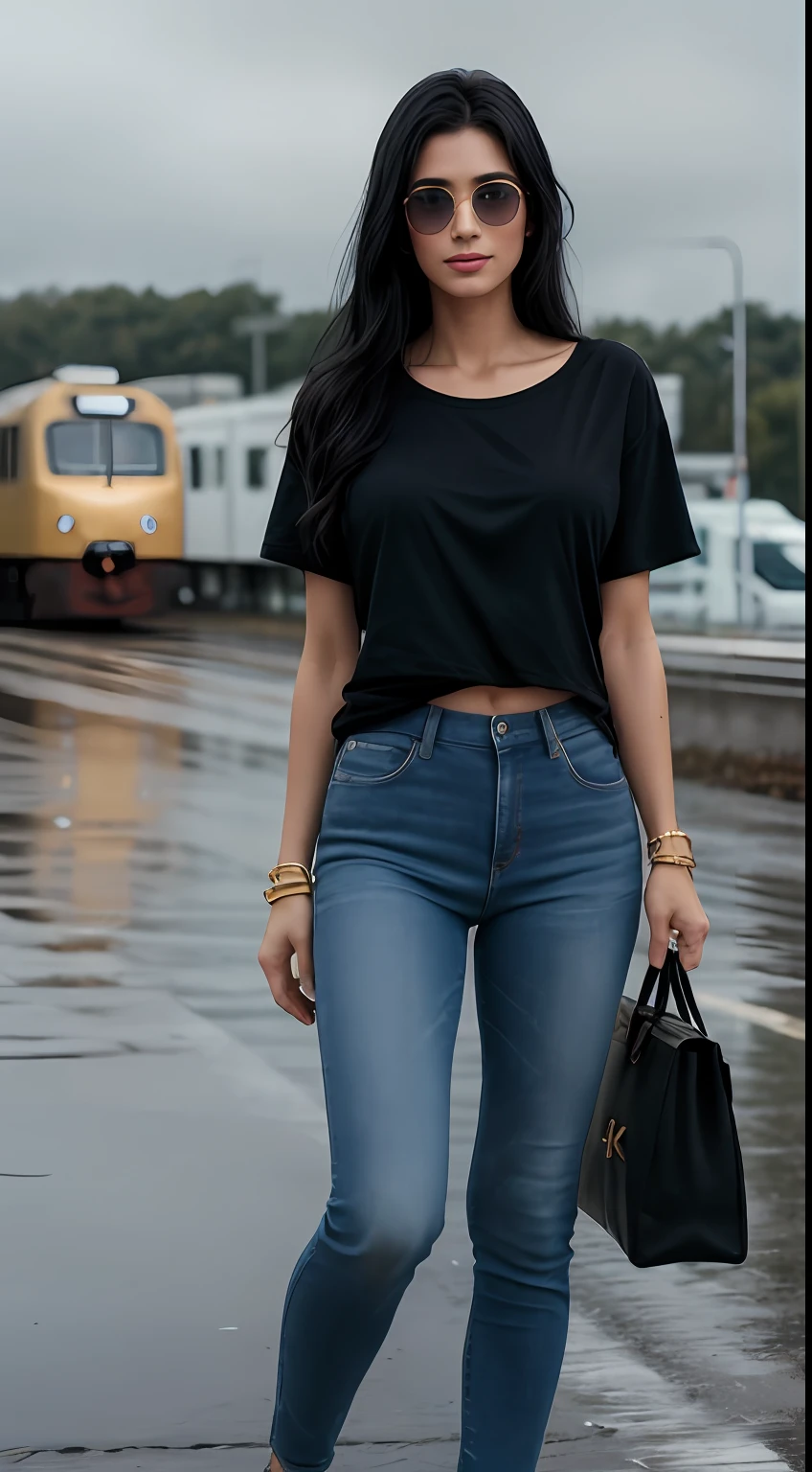 ((Best Quality, 8k, Masterpiece:1.3)), Focus: 1.2, Perfect Body Beauty: 1.4, Arabian 23 years old woman: 1.2, ((Long black Hair)), (Orange Baggy basic tee-shirt:1.1) , basic full body length tee-shirt (Rain, Street:1.3), Dark blue skinny jeans, long jeans: 1.1, Highly detailed face and skin texture, Detailed eyes, Double eyelids, toned body, Whitened skin, minor smile, large breasts, toned legs, beautiful detailed feets, long heel's, detailed feets and fingers, perfect feet's, whitened skin, detailed eyes and face, middle eastern woman, baggy medium size basic tee-shirt, simple plain Baggy Tee-shirt, toned hips, 8K UHD, gold anklets, neck gold chain, model looks, standing at airport runway, green train's behinds, train lights on, carrying brown leather hand bag, wet runway, rainy weather, dark clouds, hold wrist watch, bracelet, bangle's open legs style Posing, aircrafts behind the scene, runway background, rainy atmosphere, after rain,dark big sunglasses