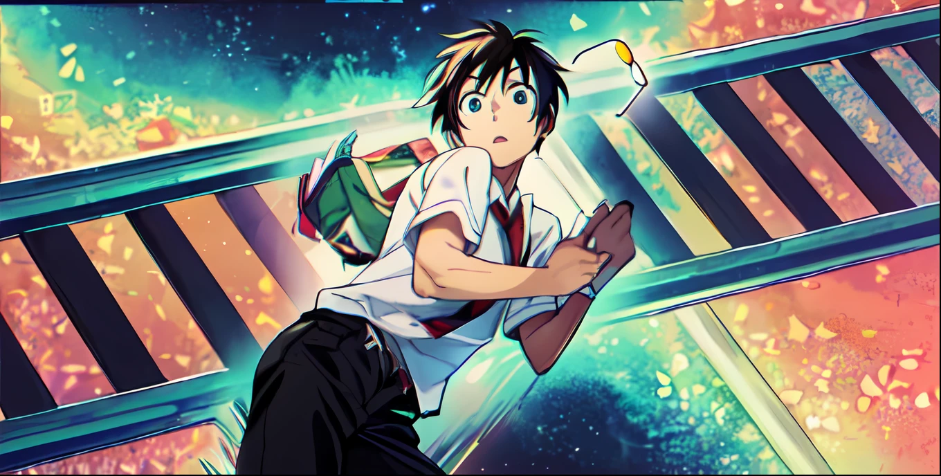 a anime of a boys manga, geek character, he fell onto the train tracks, white shirt, black pants, color manga, manga color, color manga, color manga panel, simple background