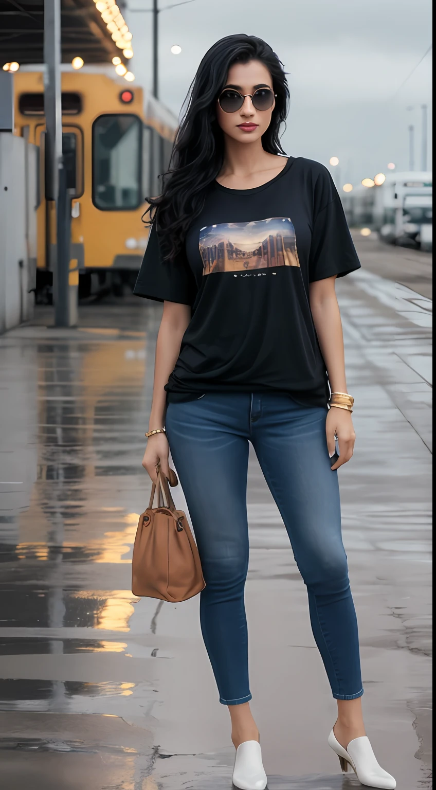 ((Best Quality, 8k, Masterpiece:1.3)), Focus: 1.2, Perfect Body Beauty: 1.4, Arabian 23 years old woman: 1.2, ((Long black Hair)), (Orange Baggy basic tee-shirt:1.1) , basic full body length tee-shirt (Rain, Street:1.3), Dark blue skinny jeans, long jeans: 1.1, Highly detailed face and skin texture, Detailed eyes, Double eyelids, toned body, Whitened skin, minor smile, large breasts, toned legs, beautiful detailed feets, long heel's, detailed feets and fingers, perfect feet's, whitened skin, detailed eyes and face, middle eastern woman, baggy medium size basic tee-shirt, simple plain Baggy Tee-shirt, toned hips, 8K UHD, gold anklets, neck gold chain, model looks, standing at airport runway, green train's behinds, train lights on, carrying brown leather hand bag, wet runway, rainy weather, dark clouds, hold wrist watch, bracelet, bangle's open legs style Posing, aircrafts behind the scene, runway background, rainy atmosphere, after rain,dark big sunglasses