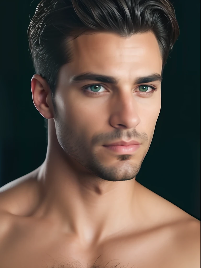 A photorealistic portrait of a insanely handsome lightly tanned Argentinian man with light make-up, extremely detailed light green eyes, sexy man, very masculine man, detailed symmetric realistic face, full lips, extremely detailed natural texture, peach fuzz, short messy light brown windy hair, masterpiece, absurdres, award winning photo by Francesco Scavullo, nikon d850 film stock photograph, kodak portra 400 camera f1.6 lens, extremely detailed, amazing, fine detail, rich colors, hyper realistic lifelike texture, dramatic lighting, unrealengine, trending on artstation, cinestill 800 tungsten, looking at the viewer, photo realistic, RAW photo, TanvirTamim, high quality, highres, sharp focus, extremely detailed, cinematic lighting, 8k uhd