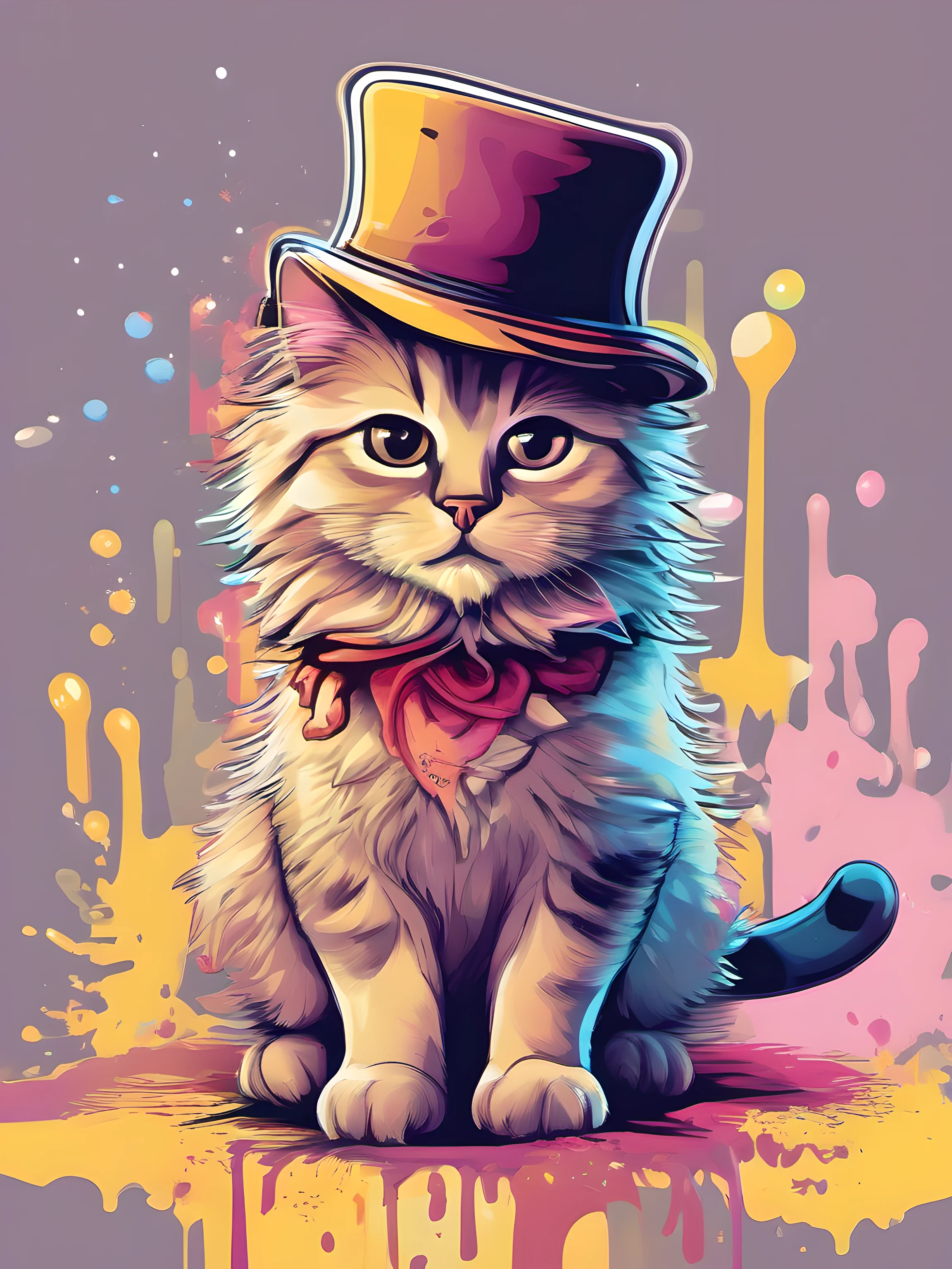 Illustration of cat, wich hat, fantasy, cute character, clear background, abstract splash background, t-shirt design, vector art