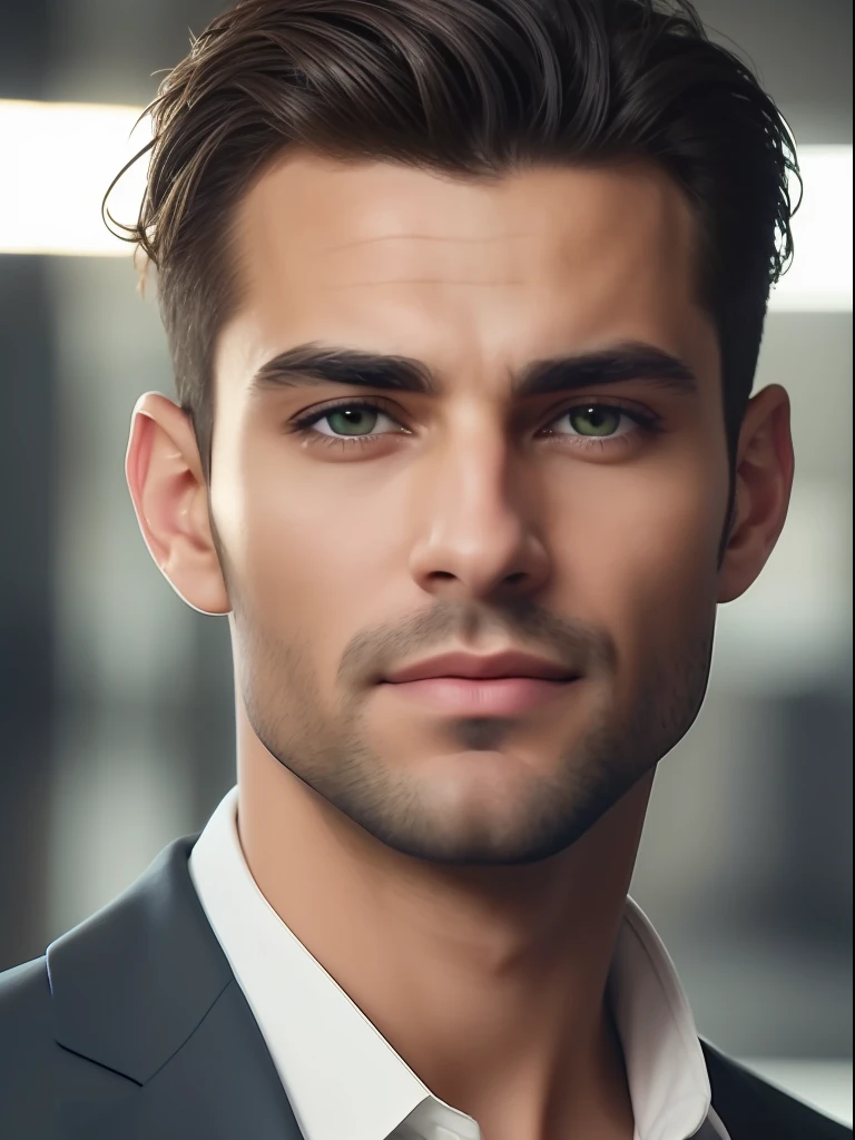 A photorealistic portrait of a insanely handsome lightly tanned Argentinian man with light make-up, extremely detailed light green eyes, sexy man, very masculine man, detailed symmetric realistic face, full lips, extremely detailed natural texture, peach fuzz, short messy light brown windy hair, masterpiece, absurdres, award winning photo by Francesco Scavullo, nikon d850 film stock photograph, kodak portra 400 camera f1.6 lens, extremely detailed, amazing, fine detail, rich colors, hyper realistic lifelike texture, dramatic lighting, unrealengine, trending on artstation, cinestill 800 tungsten, looking at the viewer, photo realistic, RAW photo, TanvirTamim, high quality, highres, sharp focus, extremely detailed, cinematic lighting, 8k uhd