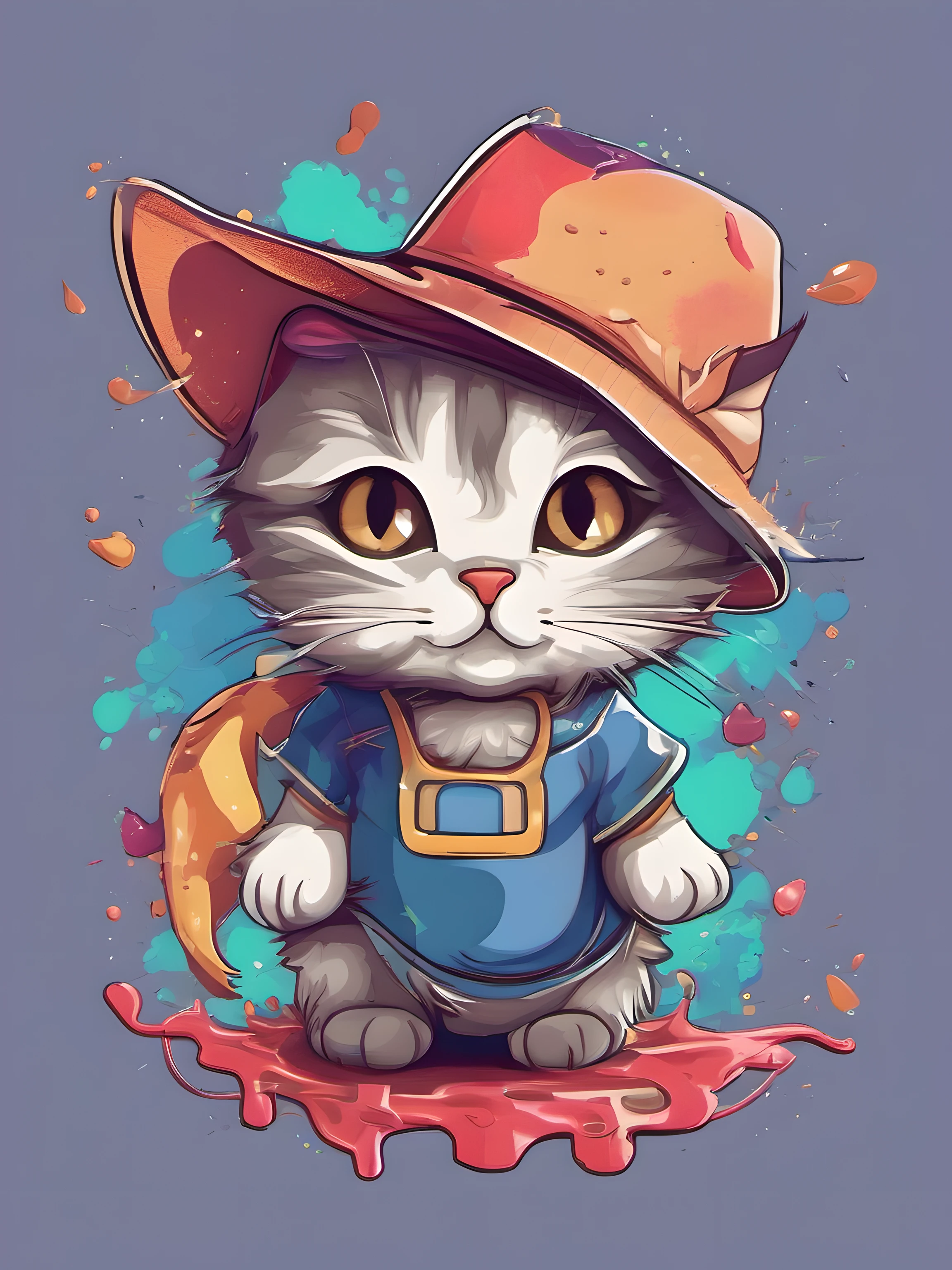 Illustration of cat, wich hat, fantasy, cute character, clear background, abstract splash background, t-shirt design, vector art