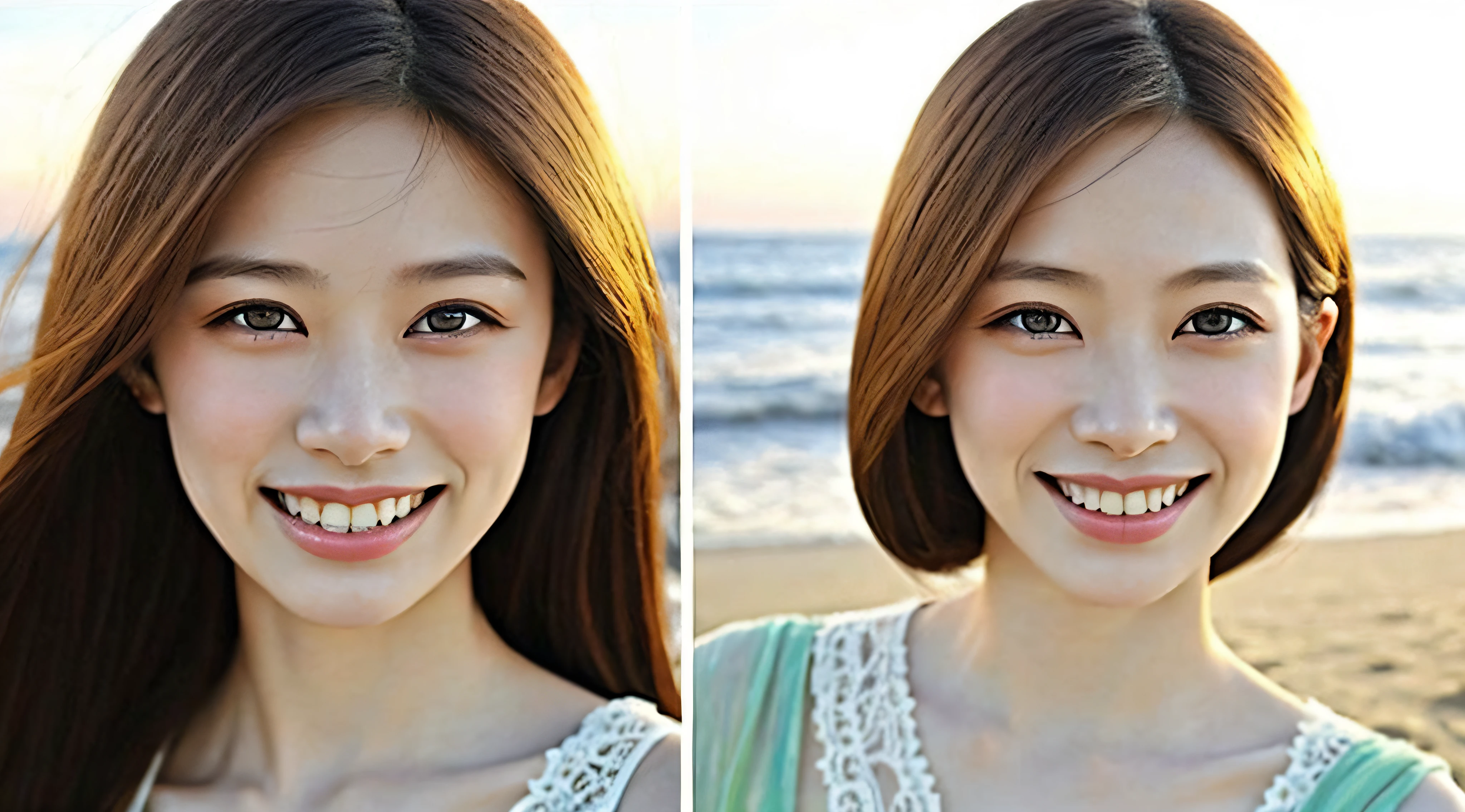 (top-quality、tmasterpiece:1.2)、ultra - detailed、(photographrealistic:1.4)、独奏、Mature young woman、Horse face skirt，light  smile、onepiece、Full body photo，beachside_Background、huge ， 40 years old, perfect  eyes, Perfect iris，Perfect lips，perfect teeth，Perfect skin，Soft front light，with light glowing， Natural soft light，（pastel colour：1.2）