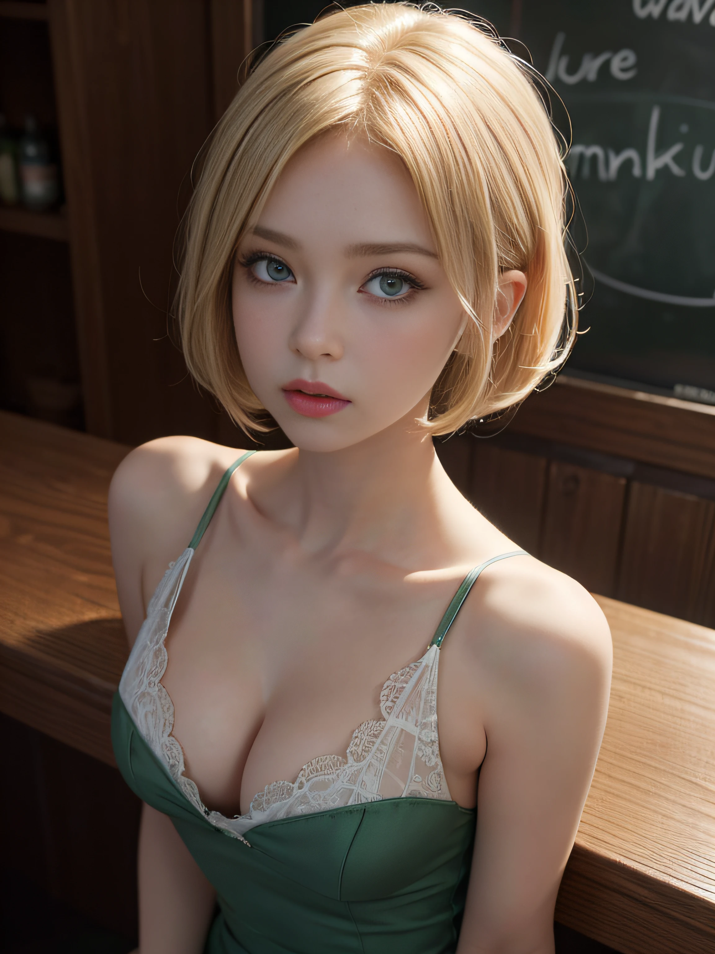 1girl, blonde, green eyes, bob hair, appears shoulders and head in the photo, in coffeeshop, deep shadow, dark theme, (pout, angry, embarrassed), blush, from front, from above, looking at viewer, upturned eyes, cleavage, masterpiece, top quality, best quality, official art, unity 8k wallpaper, highres, ultra-high res, ultra-detailed, (photorealistic:1.2)