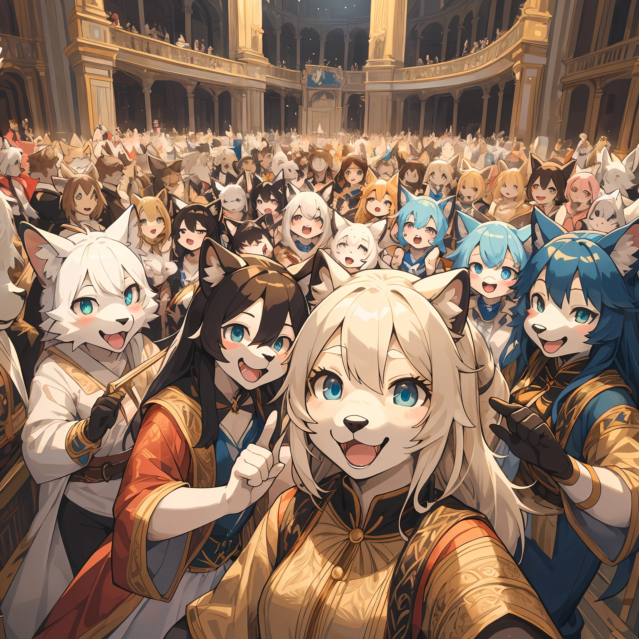 top quality, best quality, High-quality illustrations, masterpiece, super high resolution, detailed background, detailed background, opera, Musical drama, opera, stage, group shot:0.5, 6+boys, 6+girls, Happy, joyful, absurdres(highly detailed beautiful face and eyes)perfect anatomy(kemono, furry anthro)selfie:0.1,