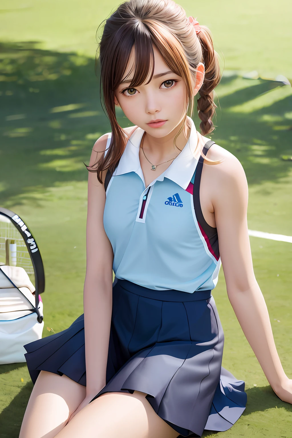 There was a girl sitting on the grass drinking water，Watch playing tennis, Photorealistic anime, Wear a tennis suit,  Anime. Soft lighting, Anime girl in real life, tennis wear，Beth，A gentle breeze ruffles the hair