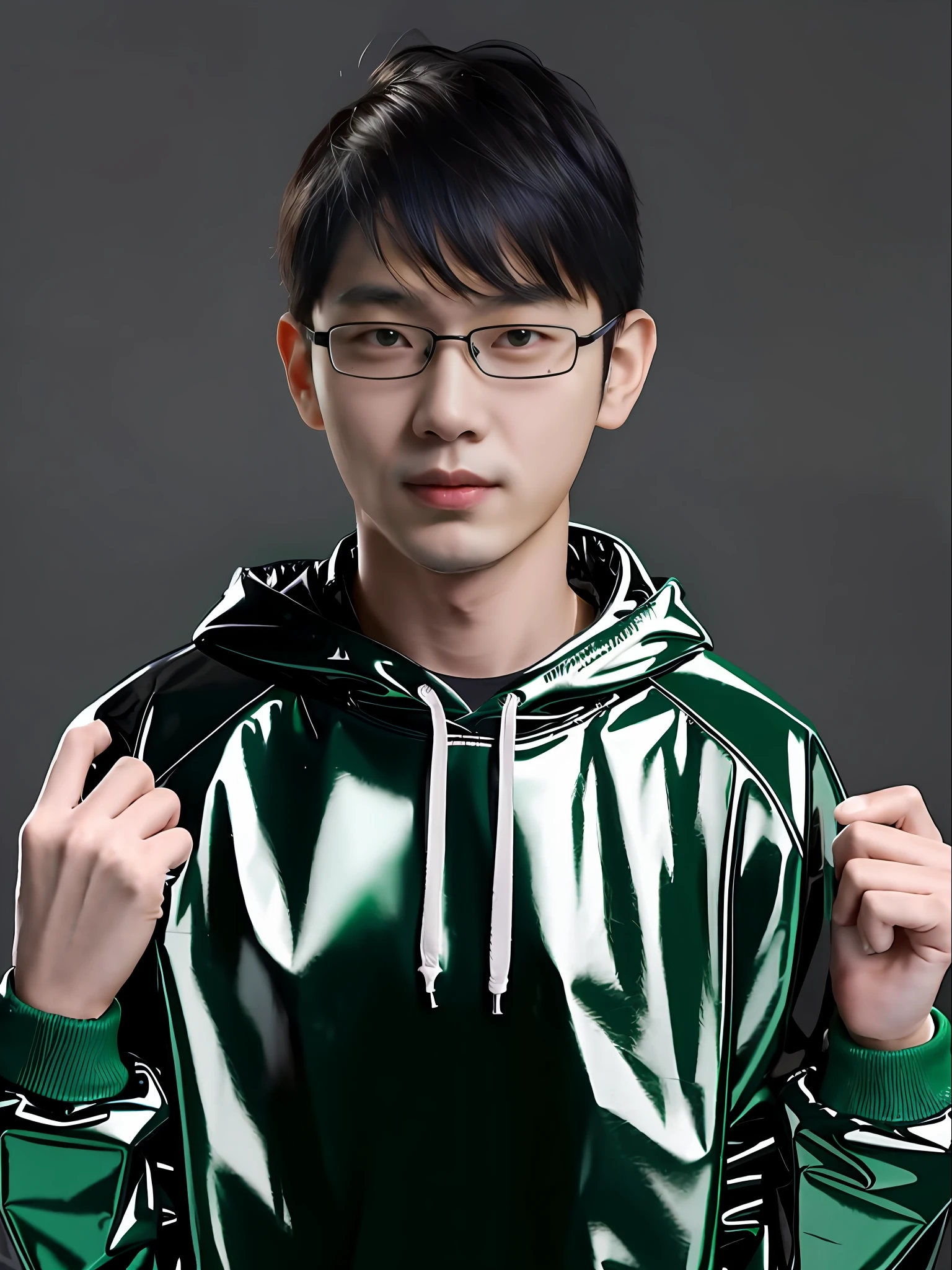 A Chinese male high school student，Wearing a black and green PVC sweatshirt，Strong body