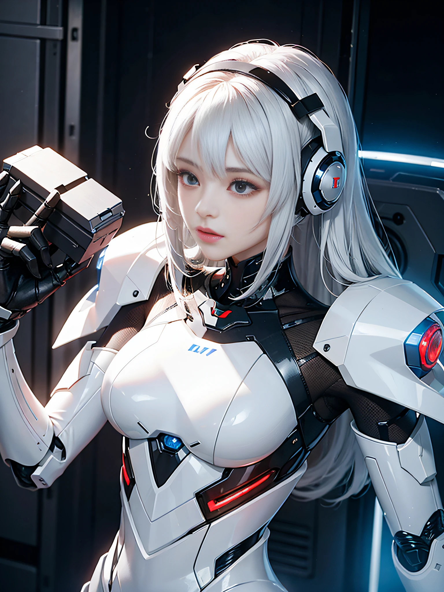 A silver-white mech that emits red and blue light、Robotic arm、Mechanical helmets、A girl with a delicate face