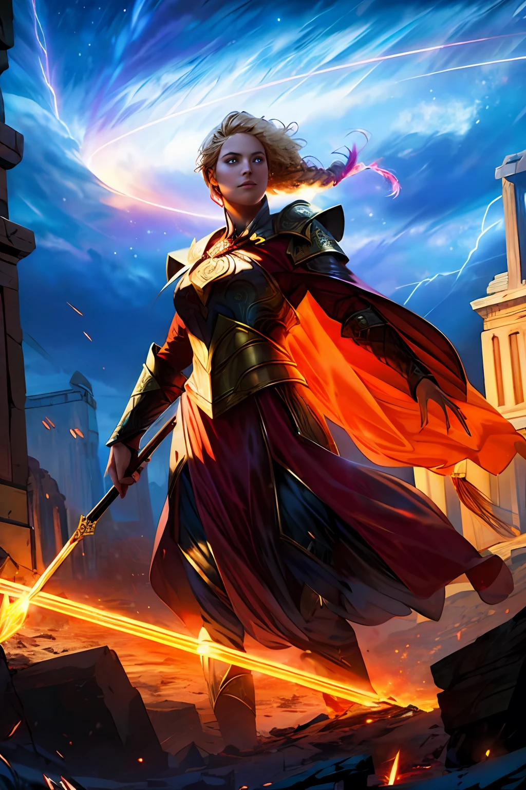 magv1ll, paladin lady in ornate black armor, red cape, blonde, braid, holding spear, magic, glowing, particles, ruins, night, storm