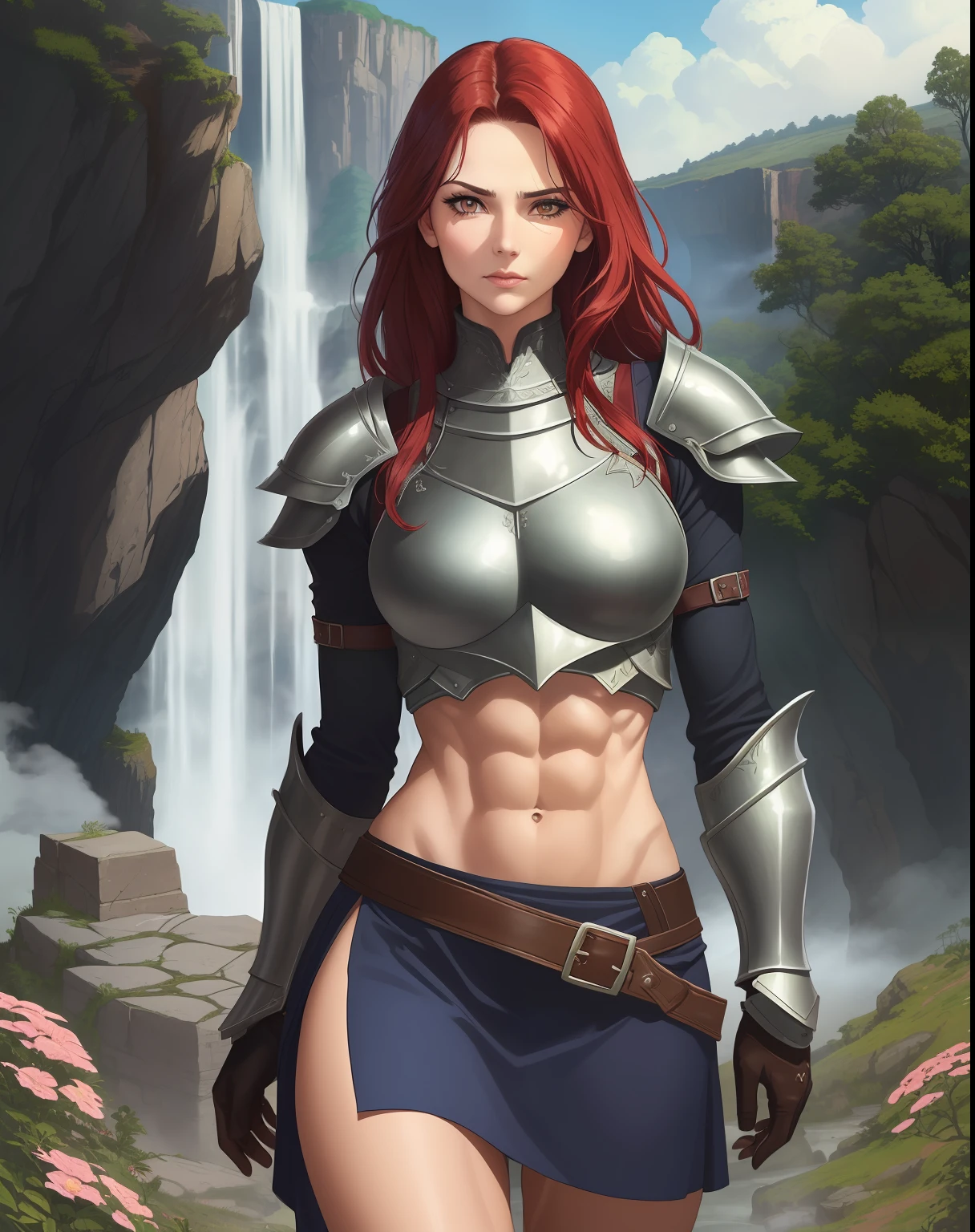 (1girl),(mature woman),serious face, (wide_shot:1.5), depth of field, (upper body:1.3), red hair,messy hair, floting hair, sexy,(long legs,wide hips, thigh),(toned physique,toned muscles:1.3), (armor,armor dress, metallic tiny skirt,faulds,poleyns, greaves,hand armor,gloves,vambrace,armor), ancient architecture,battlefield,ancient ruins,rock,flowers, waterfall,cloud,grass, fog,vine,peak, tree,cliff ,deep canyons,bridge,river,dust, smoke, steam,outdoors, natural volumetric lighting , cinematic lighting, best shadow,bright details,sharp,perfect composistion, ((best quality)), ((masterpiece)), ((realistic)),((detailed)), (detailed face,beautiful eye, detailed pupilss,detailed clothes features, clear background:1.3), 8K,Intricate, Sharp focus, dramatic, sensual battle pose,face focus, by Luis Royo and Frank Frazetta, by Jim Lee,