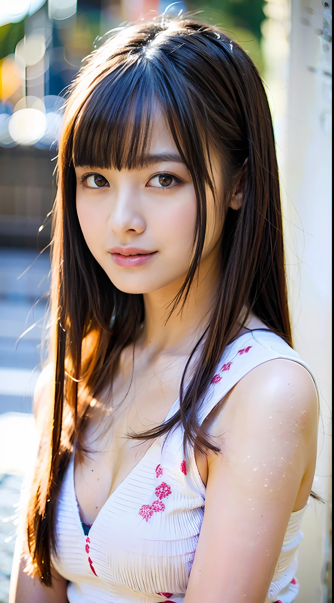 top-quality、masterpiece、超A high resolution、(Photorealsitic:1.4)、Raw photo、1 beautiful woman、A slender、Dark hair、glowy skin、Dramatic Writing、full body Esbian、maikurobikini、sexypose、Sexy Shots、Cute、during daytime、with light glowing、in poolside、A smile、swim wears、Cute、Slender body、Super thin face、Medium size big,、a smile、Ultra-detailed face、ultradetailed eyes、hyperdetailed lips