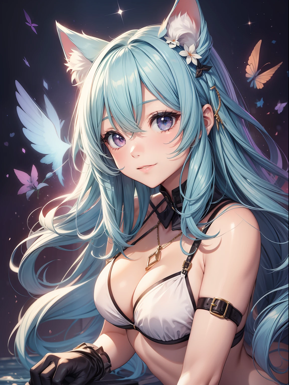 absurderes、ultra-detailliert、masterpiece、top-quality、BREAK、Official art、(Beautifully Aesthetic:1.2)、(watercolor paiting:Curly)、BREAK、Devilish Pretty Girl 1.2、a beauty girl、(kawaii:⒈3)、、BREAK、Colorful hair、Splash、(Mixed blue and pink hair:1.2)、(フラクタルアート1.3)、BREAK、Cat's ears、A sexy、(Cat gloves、Fluffy hands)、BREAK、humanoide、BREAK、a white bikini、BREAK、Red-eyed、BREAK、From Side、Look at viewers、BREAK、Plush bets、Tomorrow morning、BREAK、BREAK、Shyness、tension、red blush、Happy smiling face、BREAK、Showa gravure、BREAK、Kneeling、BREAK、