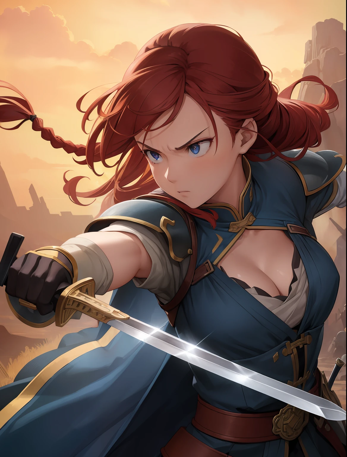 (masterpiece:1.4), (1girl:1.2), best quality, detailed, 8k, (holding sword in left hand:1.2), sword hilt, absurdres, fantasy, photograph of A young woman, red hair, badass, full plate armor, warrior, facing group of knights, fighting stance, charging, (mad eyes:1.3), piercing eyes, (evil:1.1), (angry:1.0), expressive, war torn surroundings, carnage, scenery, (battlefield:1.2), in the style of studio ghibli, anime, cinematic gaze, dynamic pose, crisp and sharp, yoshinari yoh, rounded eyes, hair braids, cel shaded, dramatic lighting, fantasy, intricate, elegant, highly detailed, lifelike, photorealistic, digital painting, hdr, high resolution, artstation, smooth, sharp focus, cleavage