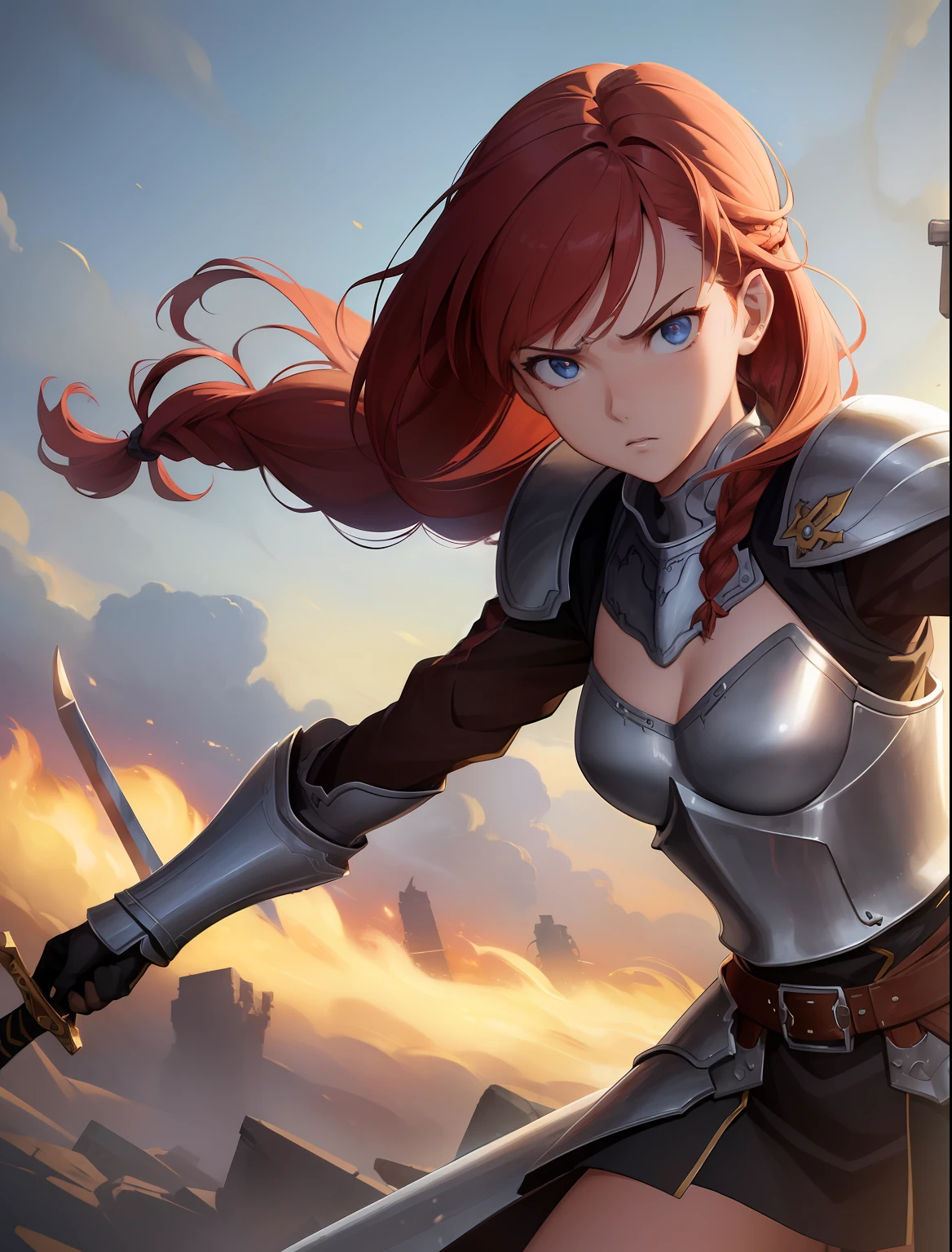 (masterpiece:1.4), (1girl:1.2), best quality, detailed, 8k, (holding sword in left hand:1.2), sword hilt, absurdres, fantasy, photograph of A young woman, red hair, badass, full plate armor, warrior, facing group of knights, fighting stance, charging, (mad eyes:1.3), piercing eyes, (evil:1.1), (angry:1.0), expressive, war torn surroundings, carnage, scenery, (battlefield:1.2), in the style of studio ghibli, anime, cinematic gaze, dynamic pose, crisp and sharp, yoshinari yoh, rounded eyes, hair braids, cel shaded, dramatic lighting, fantasy, intricate, elegant, highly detailed, lifelike, photorealistic, digital painting, hdr, high resolution, artstation, smooth, sharp focus, cleavage