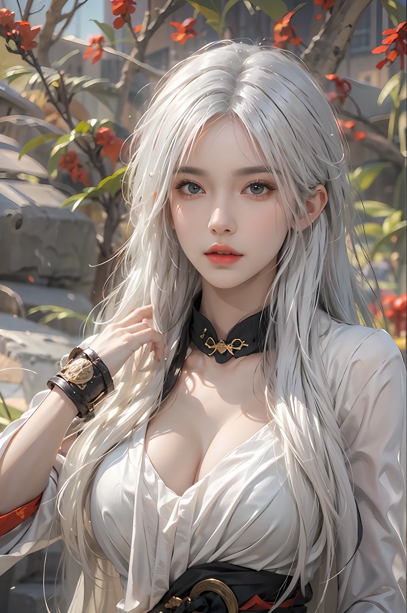 photorealistic, high resolution, 1women, solo, hips up, look at viewer, (detailed face), white hair, long hair, medium breasts, Taoist