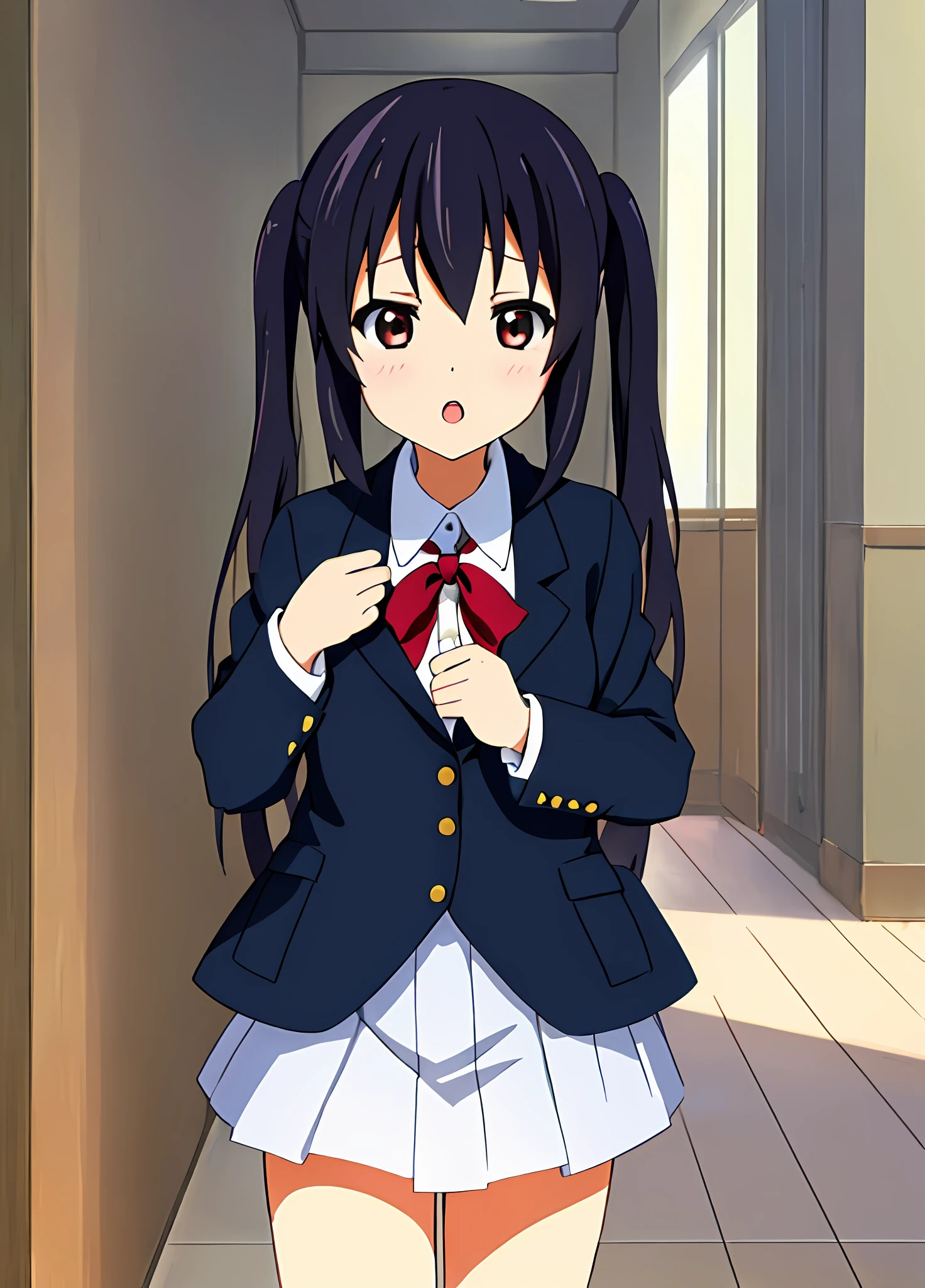 1girl, (((masterpiece))), top-quality, top-quality, High Details, nakano azusa, 1girl, Sakuragaoka High School Uniform, student clothes, Twin-tailed, length hair, A dark-haired, brown-eyed, 独奏, reddish, Dark blue blazer with thin red ribbon, Solid white buttoned shirt under blazer, illustratio, comic strip, soothing tones, Subdued Color, Soft cinematic light, adobe lightroom, photolab, HDR, intricately and hyper-detailed、(((depth of fields))))。(((masterpiece)))。(((top-quality))).)((ultra-detailliert)))。(((illustratio)))。(((takeout))).dynamic focus.big breasts.(((Skyscrapers))).(((A city scape))).(((Face of sadness))). open mouth.(((fighting stance))).(((up chest))).((evening glow)).((the setting sun)).