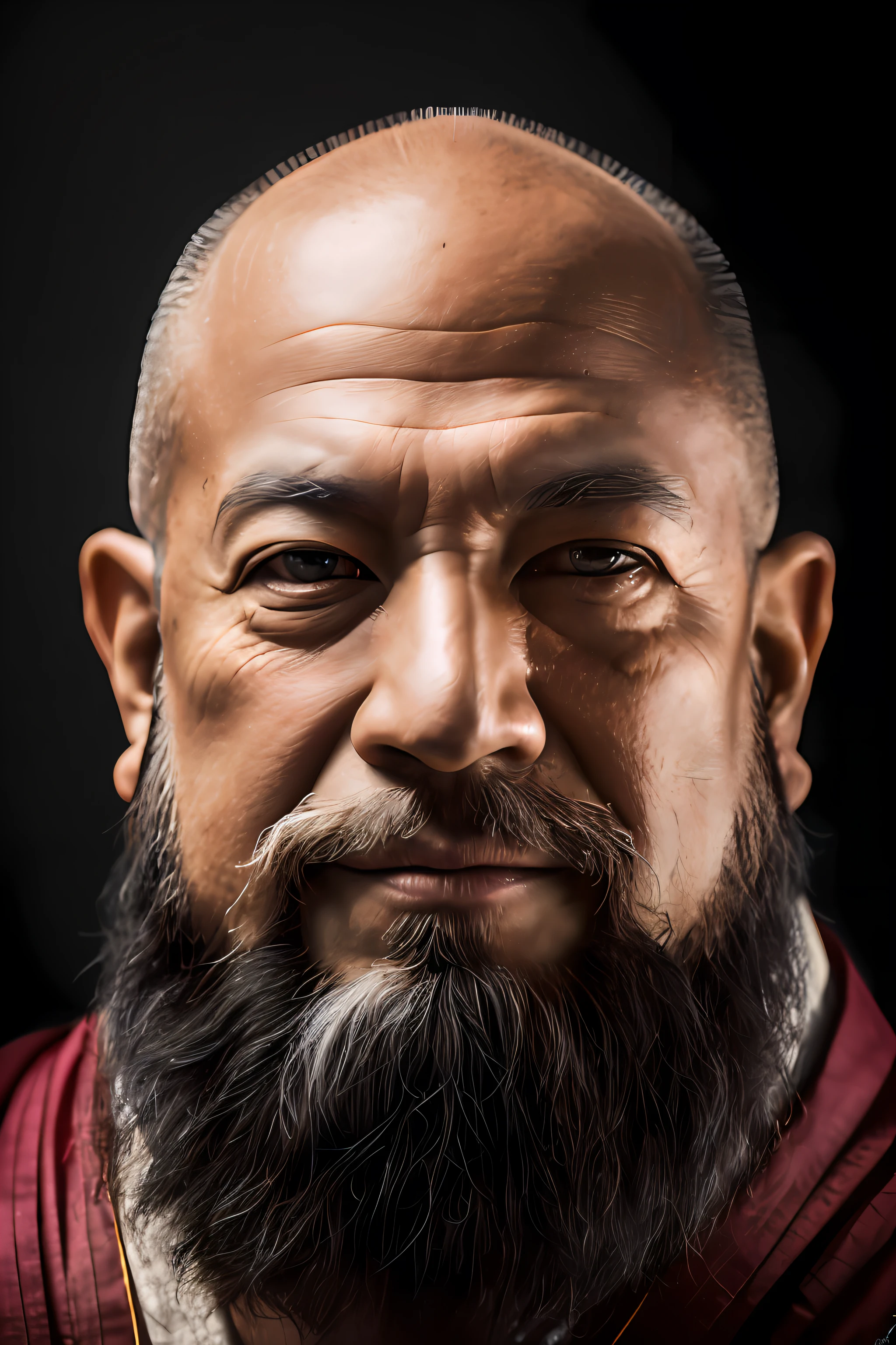 tmasterpiece,best qualtiy,hdr, hyper HD, 8K,Bokeh,Ultra-fine painting,Sharp focus,Physically-based rendering,Extreme detail description,portraitures,half-body photo,face round,Large ears,bushy beard,The head of the monk's robe,100 pounds of Zen staff, (EOS R8, 50 millimeters, F1.2, 8K, RAW photo:1.2)