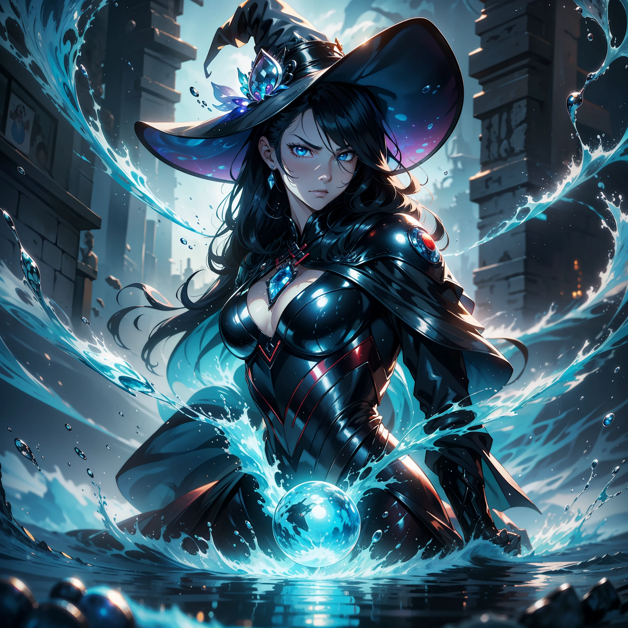 （tmasterpiece，best qualtiy：1.4），（hoang lap，A high resolution，hyper-detailing：1.2），（1 wife：1.4），（using dark magic：1.4），（Water magic、water sphere、Water、water dripping），（Witch suit），Frowning，The expression is angry，borgar，background detail，Playful illustration，Imaginative overlays，artistic fusion，Fantastic scenes，evocative narratives，striking visual effects，（full body shot shot、Front lens）