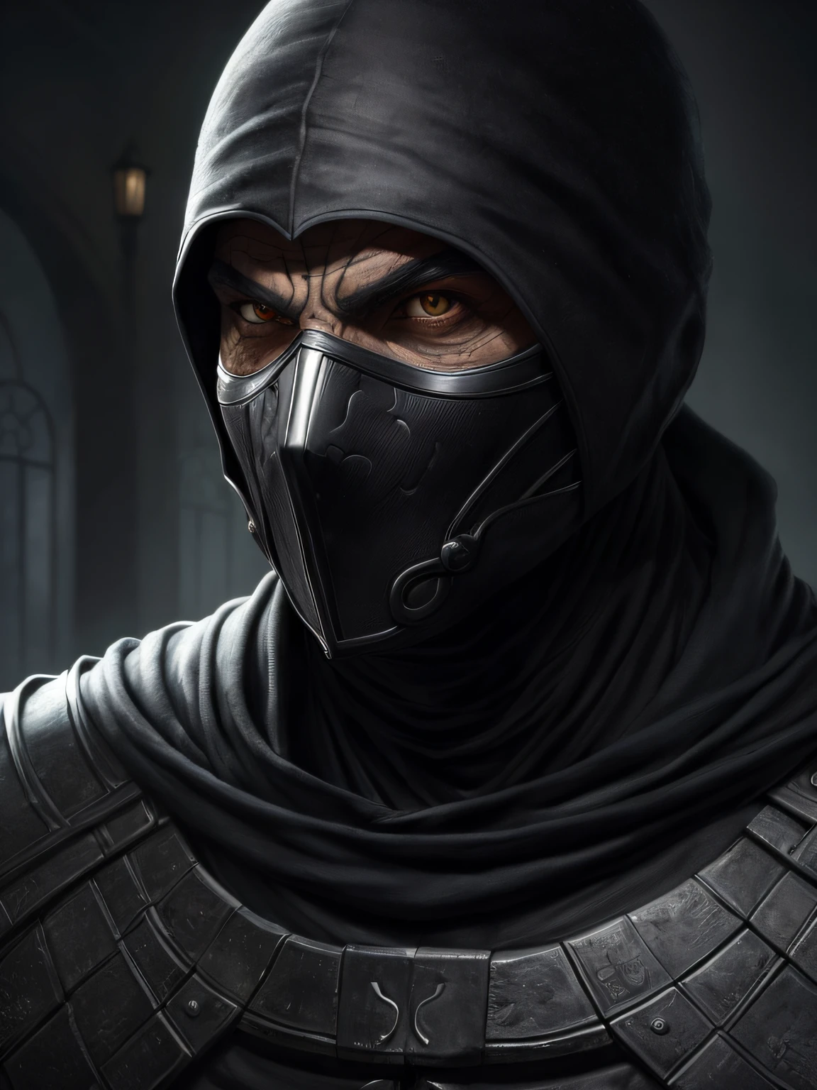 um retrato, noob saibot de mortal kombat, olhos negros detalhados, armadura bladk e preto oleo, capuz, veins in your arm, intrincado, alto detalhe, foco nítido, Dramatic and Photorealistic Painting Art by Greg Rutkowski