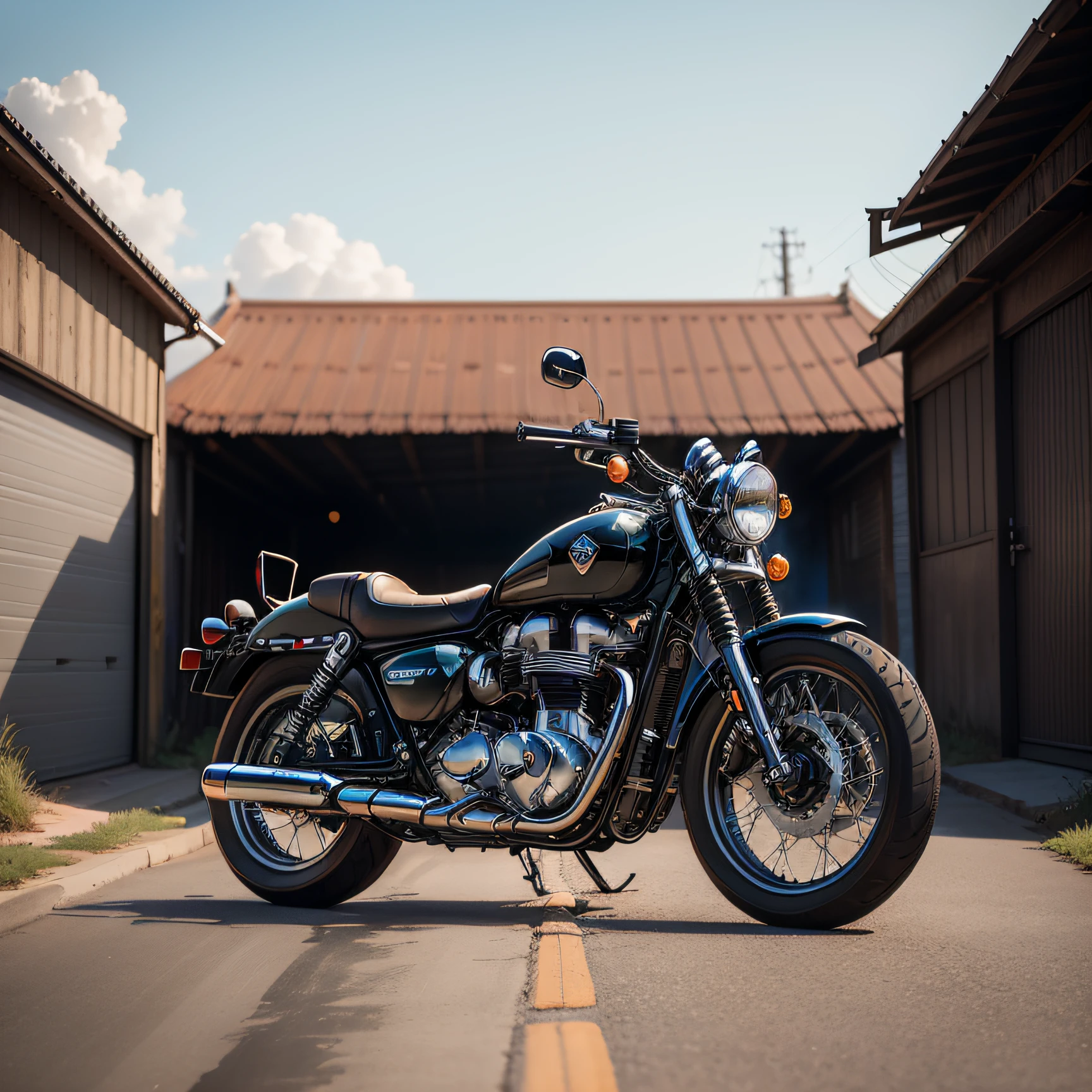 Front lighting, 8k: 7680 x 4320 pixel resolution, Very high resolution image, A representation that is true to reality, Sharp focus, Cinematic light effects. Shot outdoors under a sunny sky with an old garage as a nostalgic backdrop.
Featured is a single vintage motorcycle, captured to showcase the whole bike. It boasts an air-cooled engine, carbureted fuel supply, and drum brakes. The design represents a classic silhouette with sleek lines and an elegant shape, complemented by round headlights and long fenders. Further enhanced with metal and chrome parts that glitter with a beautiful shine.
The seats are made of high-quality leather, providing a luxurious appearance that resonates with the charm of yesteryears. Brand-wise, it could be reminiscent of a Harley-Davidson, Triumph, BMW, or a model from Honda's esteemed CB series, each reflecting a different aspect of vintage motorcycling heritage.