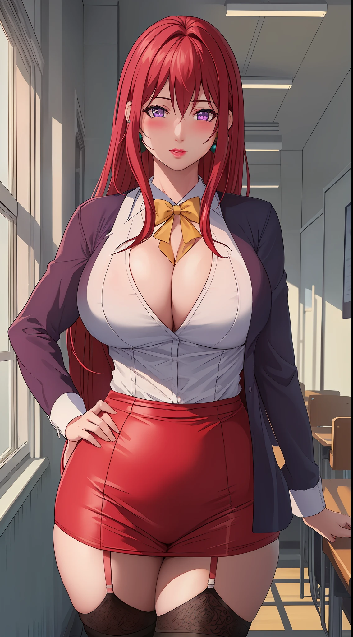 (Masterpiece, Best Quality, High Quality:1.4), professional artwork, Intricate Details, field of view, sharp focus, detailed painting, cinematic lighting, trending on pixiv, (vivid lighting, vibrant colors, by by Nagasawa Rosetsu:1.05),
Hiroko Takashiro, (mature female, milf:1.2), (40yo:1.1), (curvy:1.15), hands on waist, classroom, window, (cowboy shot:1.1), closeup, looking at viewer,
(red hair:1.05), long hair, lipstick, makeup, ultra detail hair, ultra detail face, (purple eyes:1.05), perfect eyes, perfect face, earrings, (flirting, blush:1.2),
(white shirt, purple jacket:1.1), (black thighhighs, garter belt:1.1), (zettai ryouiki:0.8), pencil skirt, school uniform,
(Large Breasts:1.05), (Cleavage:0.9), big ass, thighs,