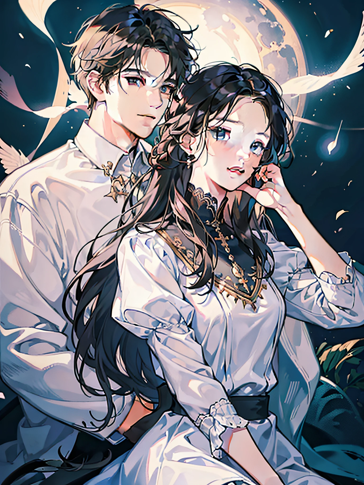 High resolution, couple, eye smile, handsome men and women, girls shawl long hair, dress, boys' short black hair, white shirt, background light moonlight, light, atmosphere delicate facial features, clear facial features, optimized details
