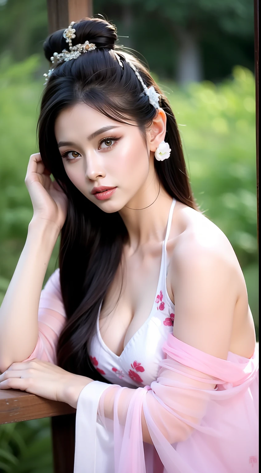 Fashion model 20 years old [[[[closeup cleavage]]]], [[[[boobgasm]]]], [[[[coll]]]], [[[[bshoulders]]]], perfect  eyes, Perfect iris，perfect lips，perfect teeth，Perfect skin，Long face，Soft front light，hdr，Movie girl，Casual，The background is peach blossoms，without a hat，（pastel colour：1.2）