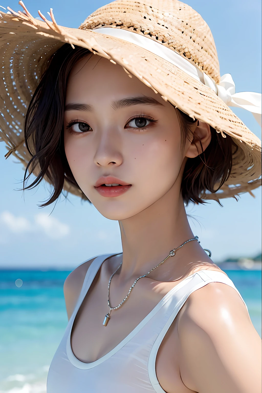 hightquality、​masterpiece、超A high resolution、((Asian beauty face))、Beautiful adult woman、a closeup、Thin makeup、ssmile、Light brown short-cut hair、Small necklace、White sleeveless shirt、skin tanned、Sunny seaside、Rough seas、strong breeze、Summer Cloud、