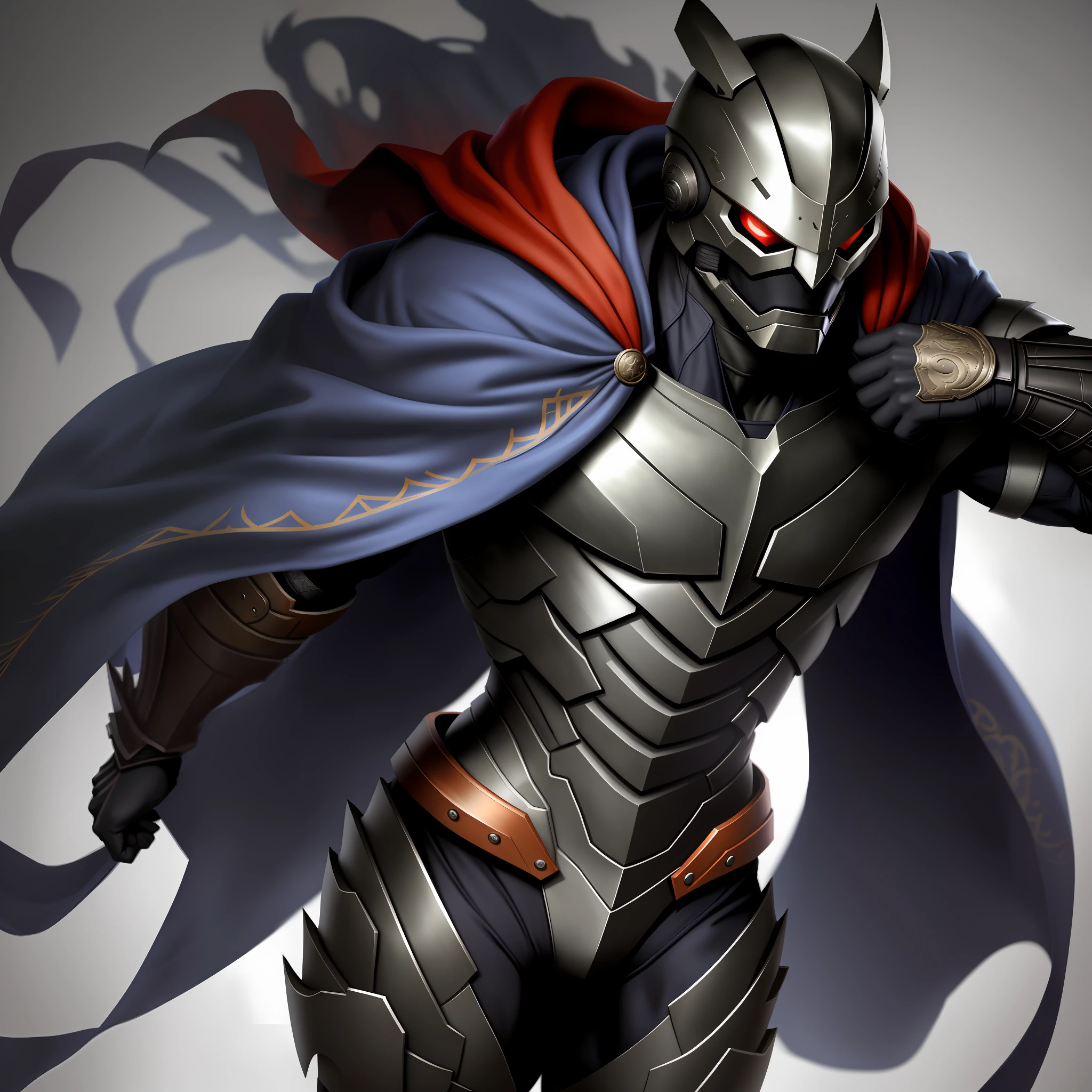 solo person，best qualtiy，Masks，Non-human，armure，Male，masculine features，Strong，Tall and strong，Single photo，Close-up photos，Look ahead，超高分辨率，tightsuit，Muscular，Majestic and handsome，Half-body armor，Armor，Abs，Thick legs，Diverse colors，Cloak，Burly body