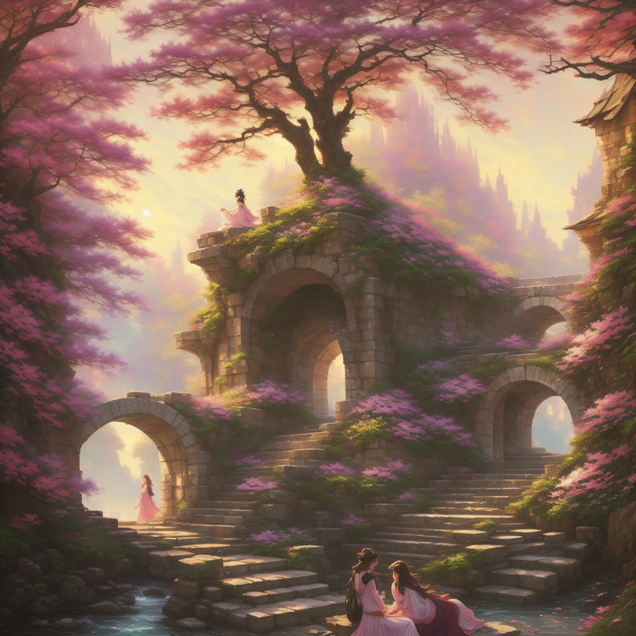 a beaytiful women in pink and a cute boy lying in a stone passage near the sea, artwork in the style of guweiz, wlop and ross tran, Fantasy Art Style, wlop and sakimichan, loish and wlop, magali villeneuve and monet, Fantasyart, wlop and andrei riabovitchev, realistic fantasy artwork