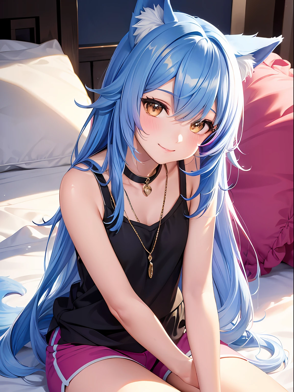 Close up, upper body, 1 girl, smile, wolf ears, wolf tail, random eyes: 10, hair between eyes, split color hair: 5, (((Colorful hair color: 1))))), (((Random hair color: 1)))), Colorful hairstyle: 5, Striped hair, Long hair, hair end jewels, (Cute random Cadeza tank top: 5 random hot pants figure in 5A: 15), super luxurious bedroom and cute interior with jewels, AI: 5, (on the bed: 15), sit in, embarrassingly look at the viewer and laugh, blush, night landscape,