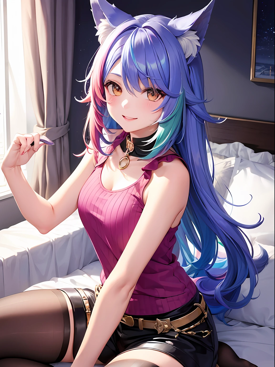 Close up, upper body, 1 girl, smile, wolf ears, wolf tail, random eyes: 10, hair between eyes, split color hair: 5, (((Colorful hair color: 1))))), (((Random hair color: 1)))), Colorful hairstyle: 5, Striped hair, Long hair, hair end jewels, (Cute random Cadeza tank top: 5 random hot pants figure in 5A: 15), super luxurious bedroom and cute interior with jewels, AI: 5, (on the bed: 15), sit in, embarrassingly look at the viewer and laugh, blush, night landscape,