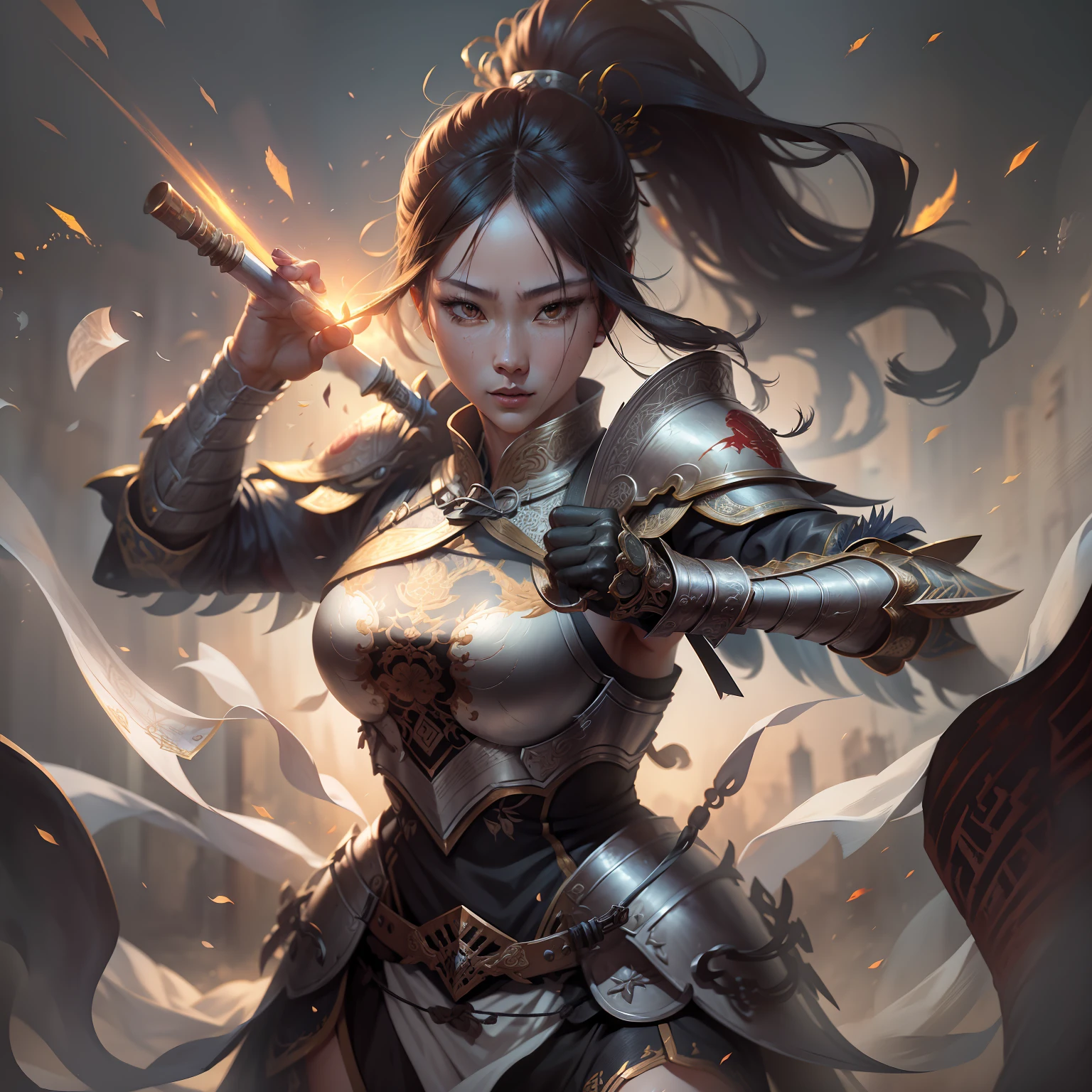 1 Chinese female warrior, ancient armor, blood splatter, fierce appearance, fighting stance, ancient battlefield (very detailed: 1.2), intricately detailed background, particle floating, light, (realistic 1.2), (masterpiece, best quality , High Resolution: 1.4), Detailed, Intricate Details, 4K, Color Splash, Line Art, Art, Fibonacci,
