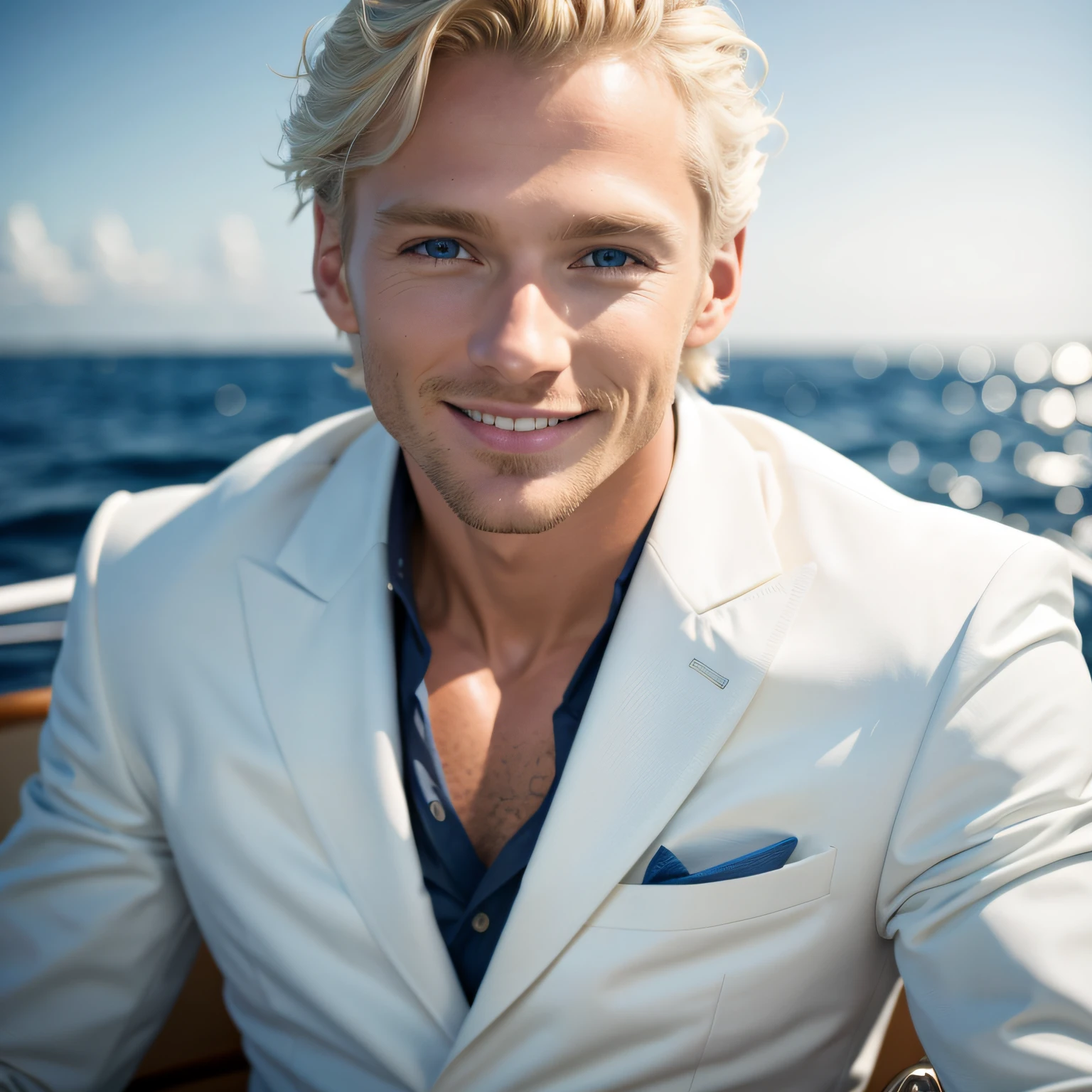 blond man in white suit sitting on a boat looking at the camera, 26 year old man on a sailboat, attractive man, wearing white suit, by Adam Dario Keel, on a yacht at sea, attractive male, on a super yacht, on a boat, blonde hair and blue eyes, high res, blonde man, handsome male, blue-eyed man