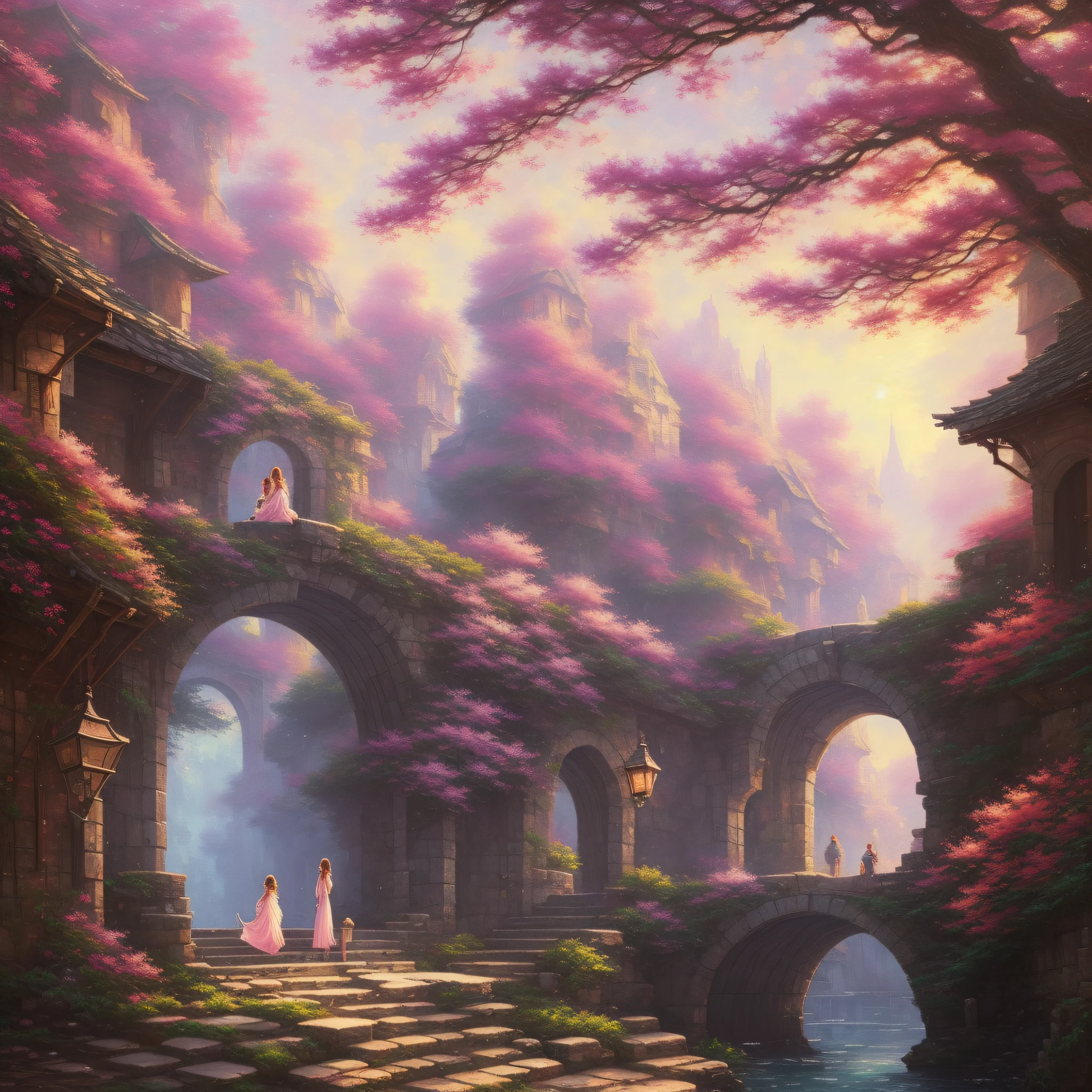a beaytiful women in pink and a cute boy lying in a stone passage near the sea, artwork in the style of guweiz, wlop and ross tran, Fantasy Art Style, wlop and sakimichan, loish and wlop, magali villeneuve and monet, Fantasyart, wlop and andrei riabovitchev, realistic fantasy artwork