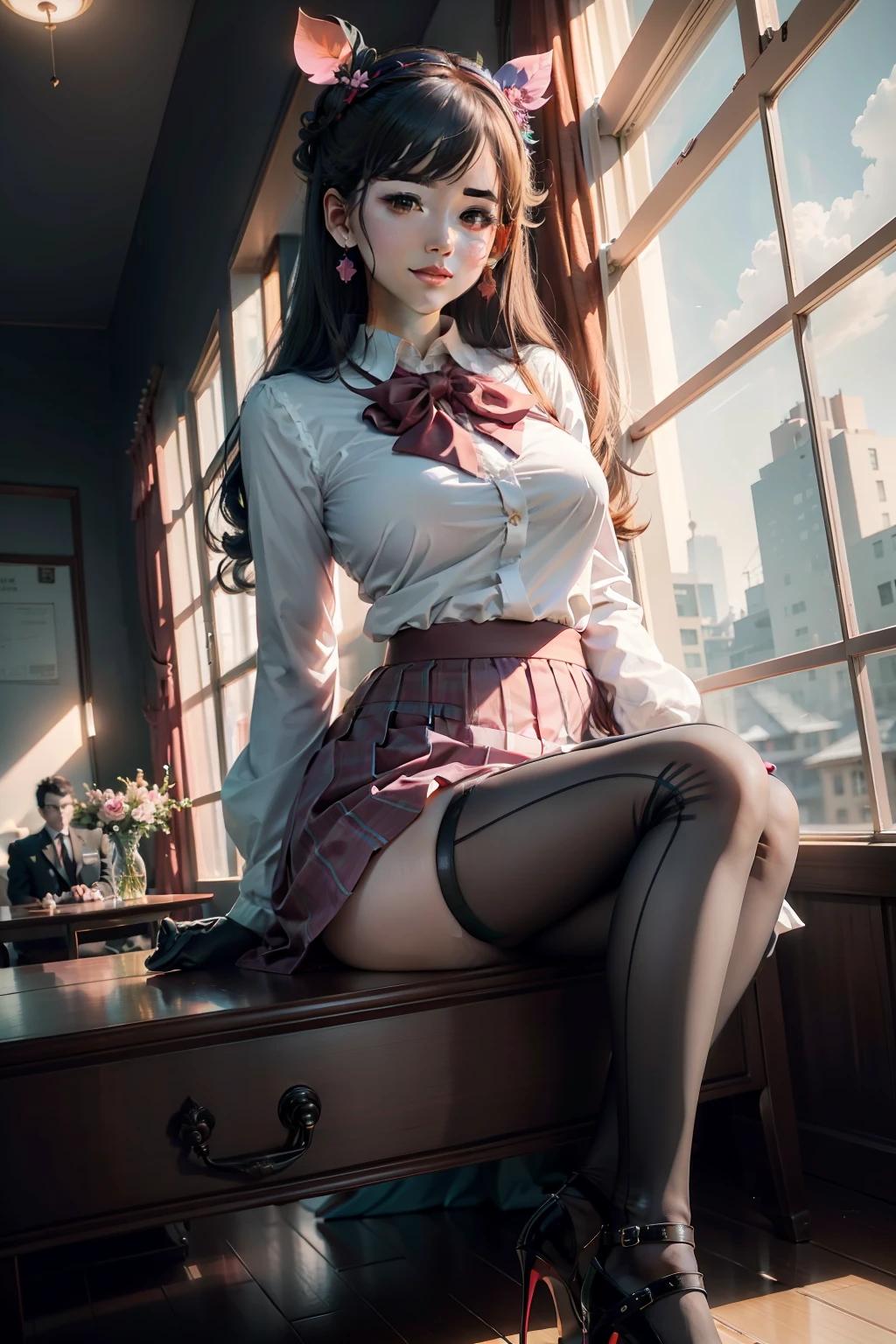 （In pink/amarelo/green color/blue colors/red colour/White Japanese school uniform attire），（Estampados florales），（Pink big breasts/amarelo/green color/blue colors/red colour/white colors/Black short 3 skirt），Must be a full-body image, There must be only one person in the whole picture, All high heels must be displayed in their entirety, The entire leg must be displayed in its entirety, Extra-long gloves must be worn, Must wear extra-long socks, High heels must be worn, It is forbidden to appear men, hearts in eyes, Seductive smile, Crystal earrings, forehead jewel, lolitahairband, Hairline, Ray tracing, From below, Chiaroscuro, Cinematic lighting, High detail, tachi-e, hyper HD, Masterpiece, ccurate, Anatomically correct, Super detail, Textured skin, High details, High quality, Best quality, A high resolution, 16k
