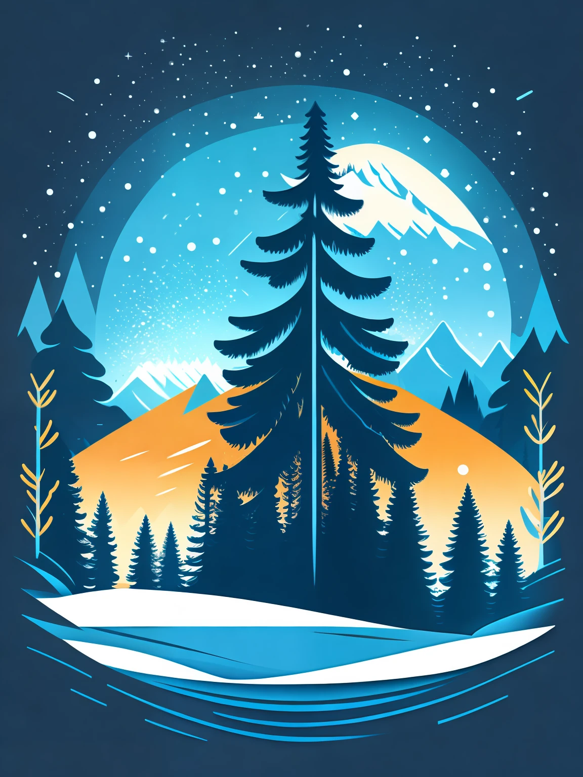 A spruce tree in a winter landscape, t-shirt design, rzminjourney, vector art