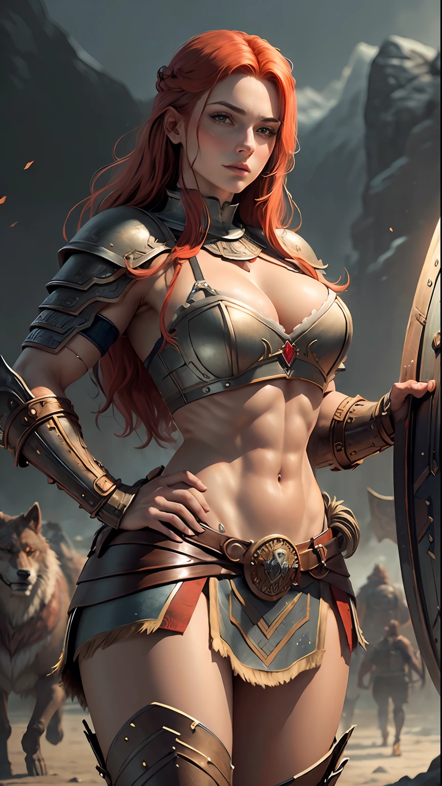 Beautiful viking woman holding shield red hair extremely sexy clothes, large firm breasts, toned muscles, wolf skin on armor, abdomen and pectoral visible