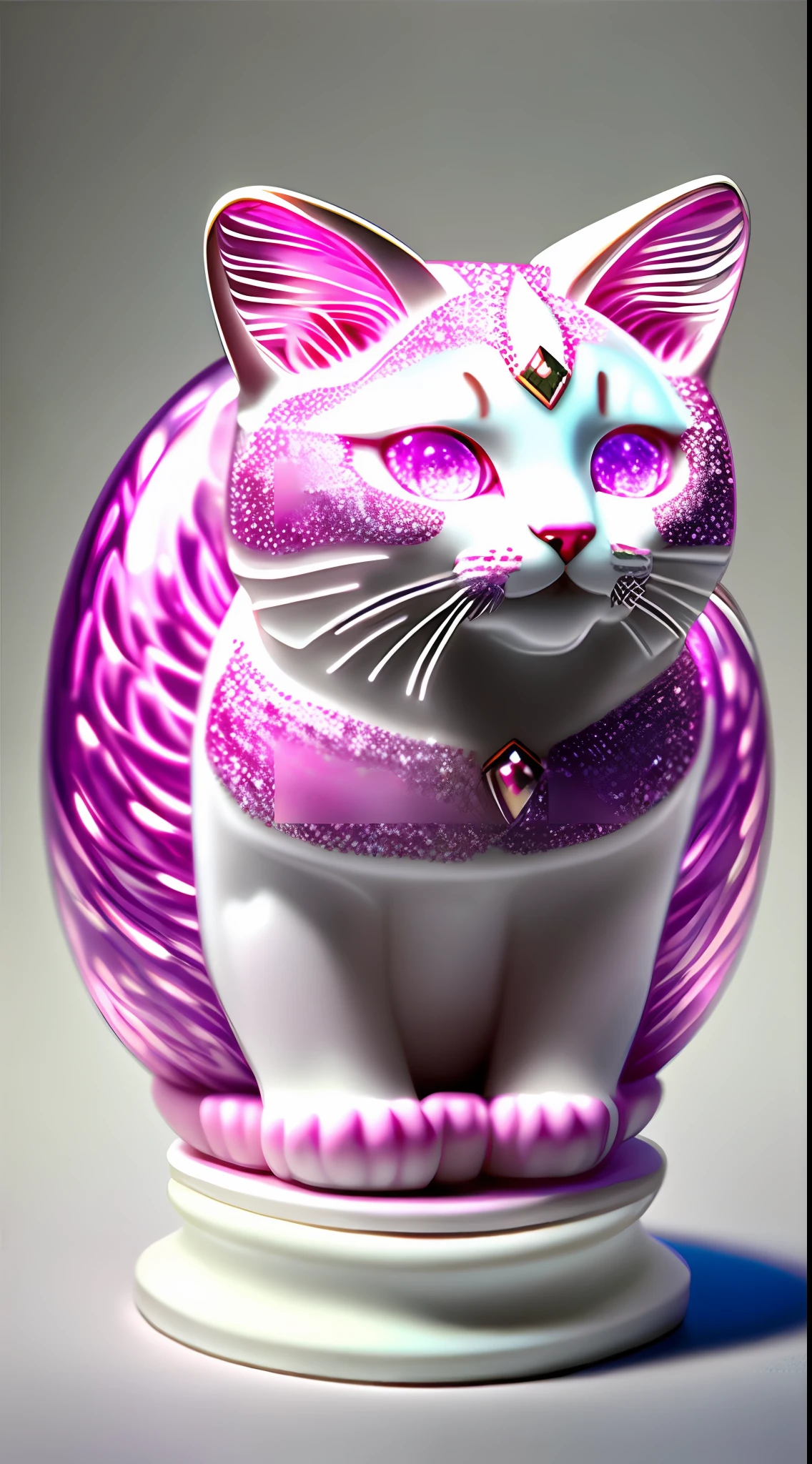 "The mid-career multiverse" Highly detailed cat carving "Southern Ice Cat" porcelain, Partially glazed, firewood, Art gallery,catss,laughingly,Funny,glittery,Clear crystal pink
