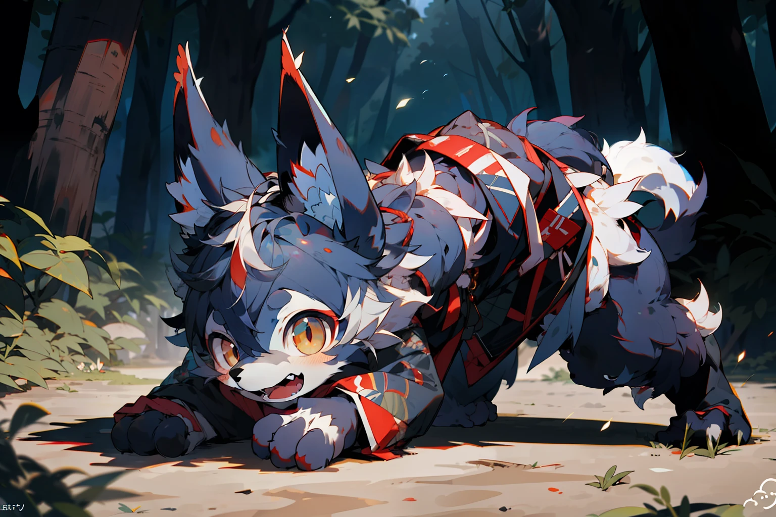Depth of field, perfect lighting, light particles, (best quality), (masterpiece), (super detailed), sharp focus, light particles, niji, eyesgod, blush, brown_eyes, looking_at_viewer, smile, solo, furry, animal_ear_fluff, open_clothes, arms back, upper body, tail, kimono, japanese clothing, sunlight, tree, open mouth, from below, arms back, navy blue hair, white ears, purplish red eyes