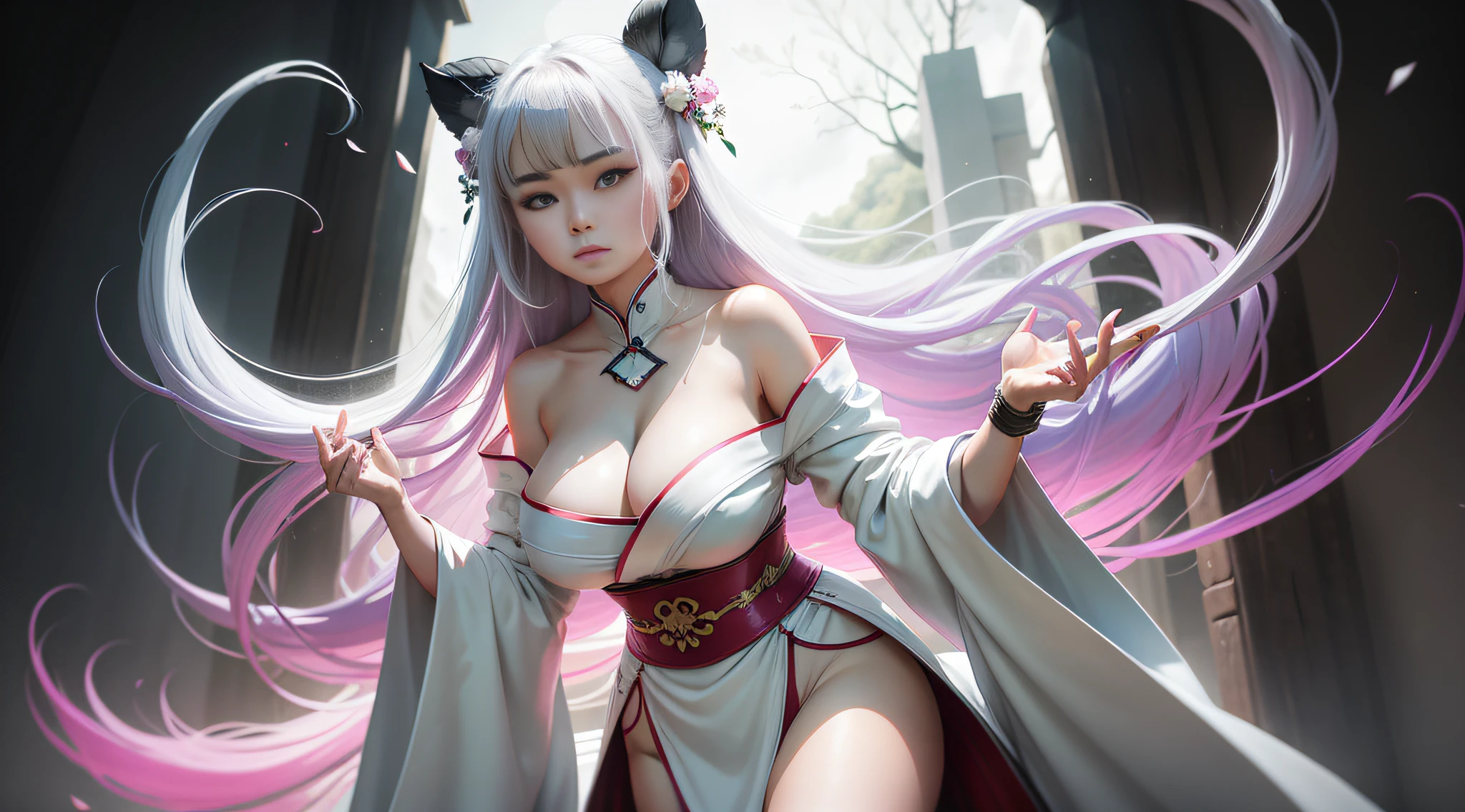 Look up at the camera，Cruel World，Weird plants，the night，rays of moonlight，Weird world，standing on your feet，Stand and pose，Shine on the side of the girl's face，22 year old，realisticlying，She wears colorful Hanfu，no-bra，vacuum，Wide cuffs，Off-the-shoulder attire，One shoulder，Expose the lateral breasts，huge tit，Exposed cleavage，Hanfu long skirt，White panties looming，Extra-long hair，Color gradient for long hair(1.5)，Messy hair，The body presses against the hair，Barefoot，realskin，realcumAI，Snow-white skin，Snow-white thighs，Top image quality，Extreme light and shadow，from below