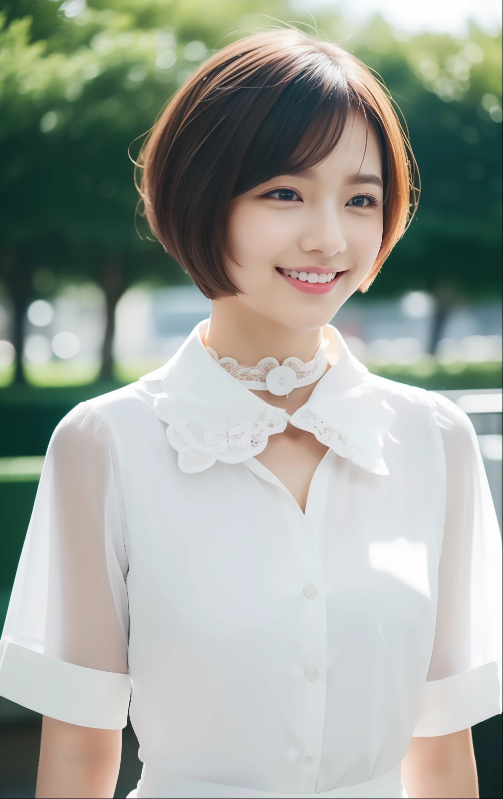 Short-cut hairstyles (8k, Top image quality, ​masterpiece:1.2), (realisitic, Photorealsitic:1.37), The ultra-detailliert, 1 rapariga, cute little, 独奏, Beautiful details sky, Detail Cafe, natta, sitted, date, (blushing nose), (a smile:1.15), (Mouth closed)small tits, Beautiful detail eyes, (shirt with collar:1.1), natta, wetty, business clothes, Sateen, White lace, (short-hair:1.2) Novafrog Style,